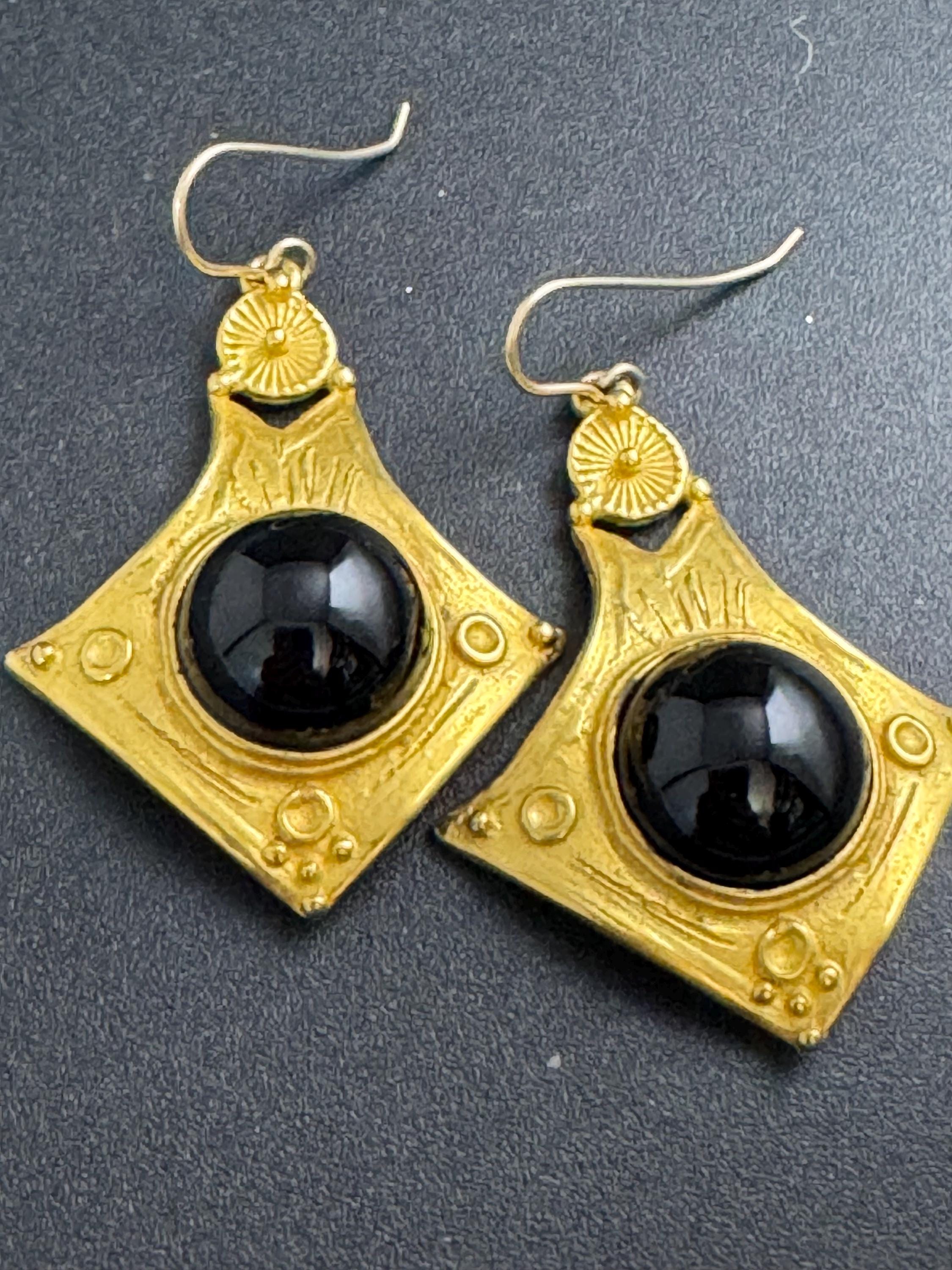 JADED NY Matt gold black cabochon drop earrings, Etruscan style pierced