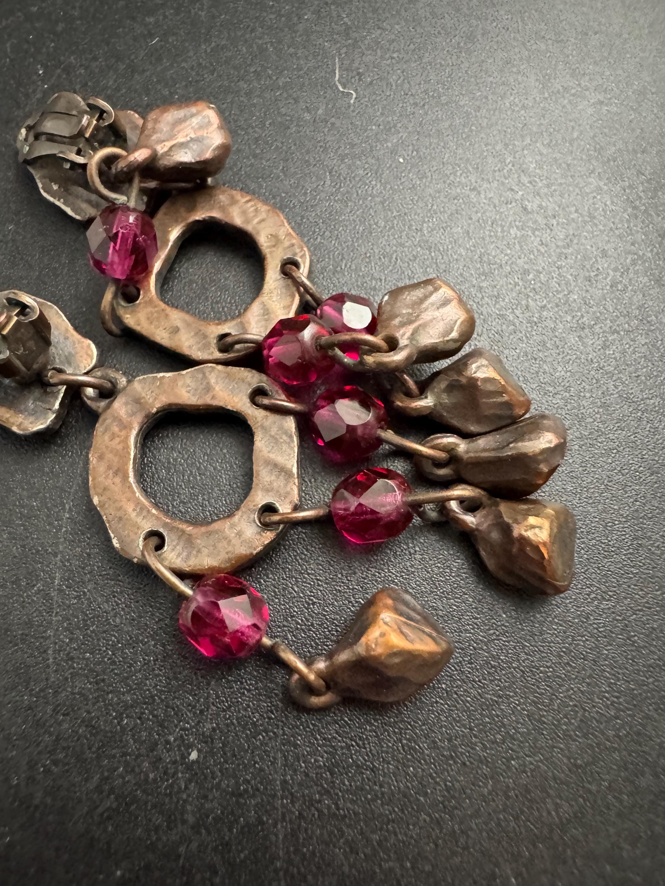 Signed Cecile Jeanne Paris pink Glass Beaded bronze Clip On Earrings