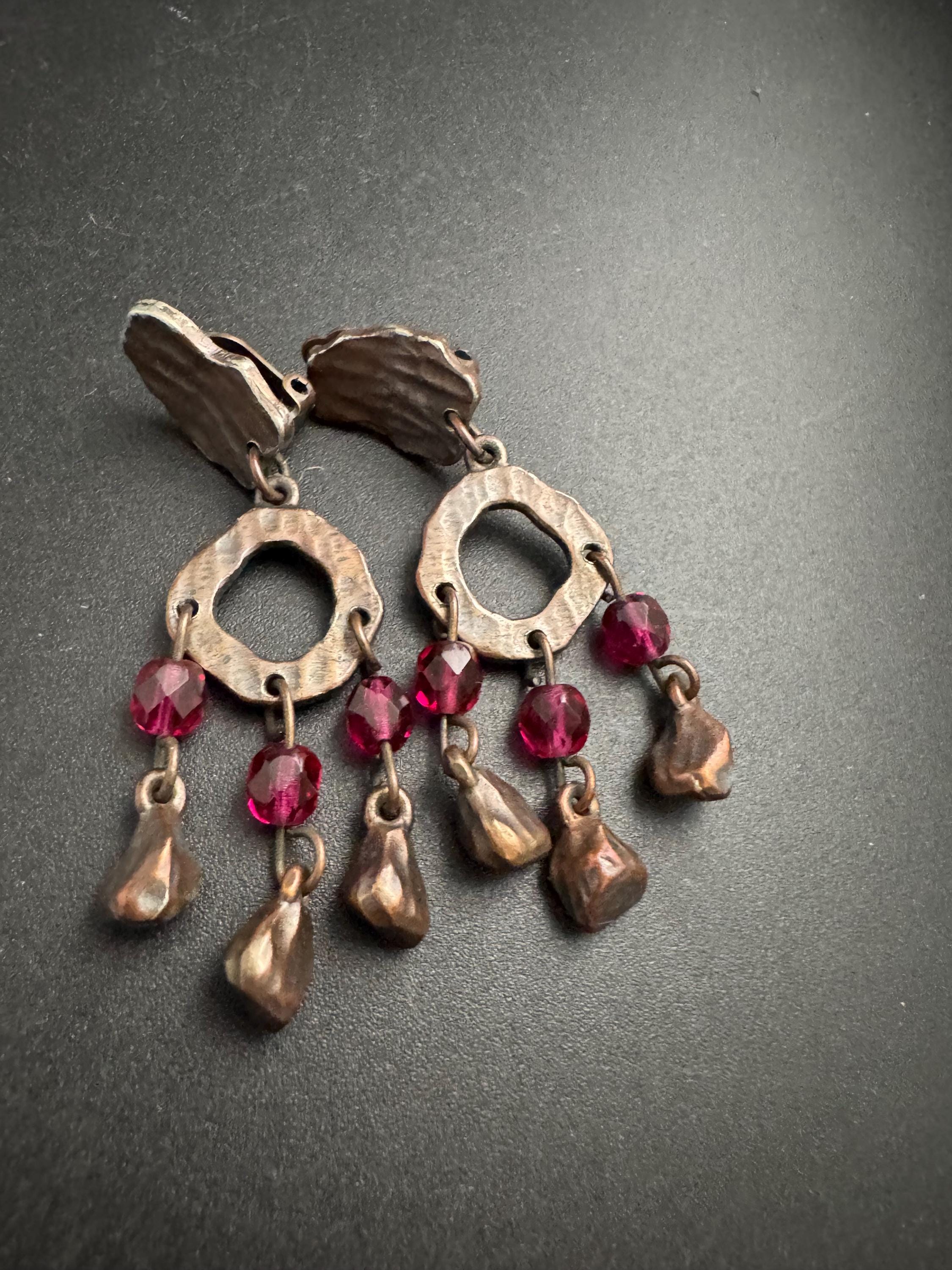 Signed Cecile Jeanne Paris pink Glass Beaded bronze Clip On Earrings