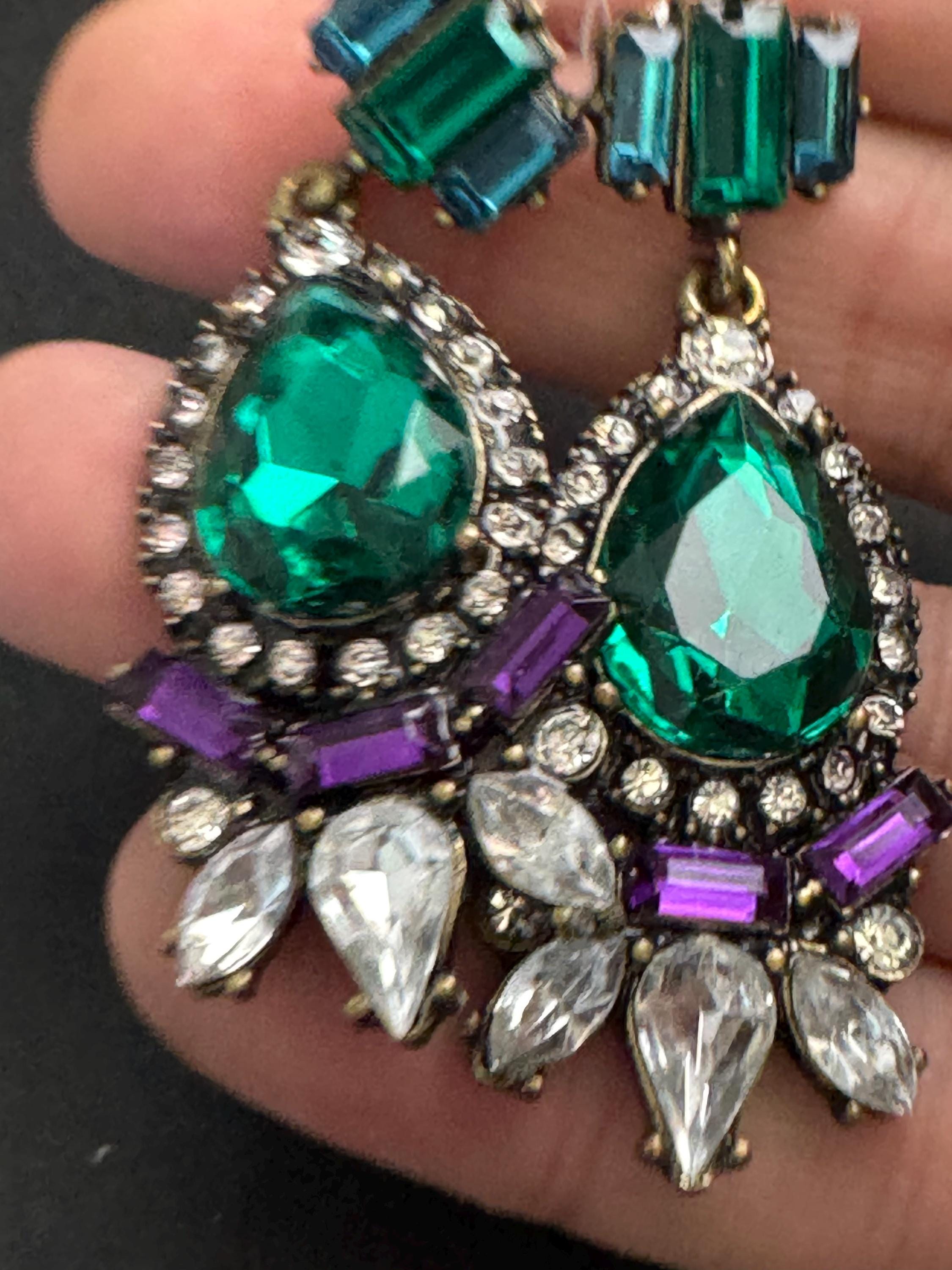 Emerald Green glass diamanté crystal drop earrings, signed baubleba pierced gold tone
