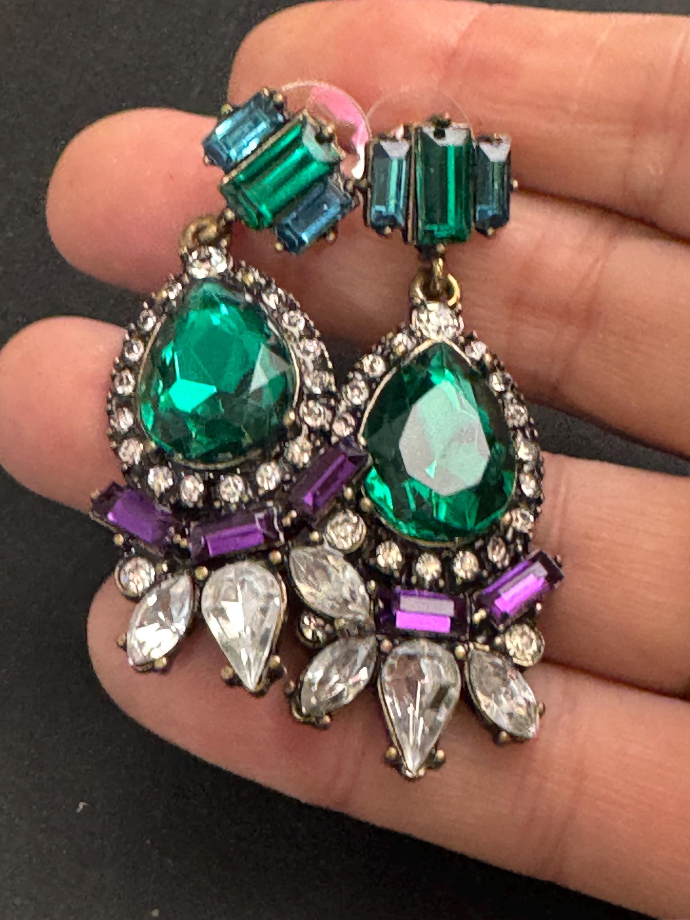 Emerald Green glass diamanté crystal drop earrings, signed baubleba pierced gold tone