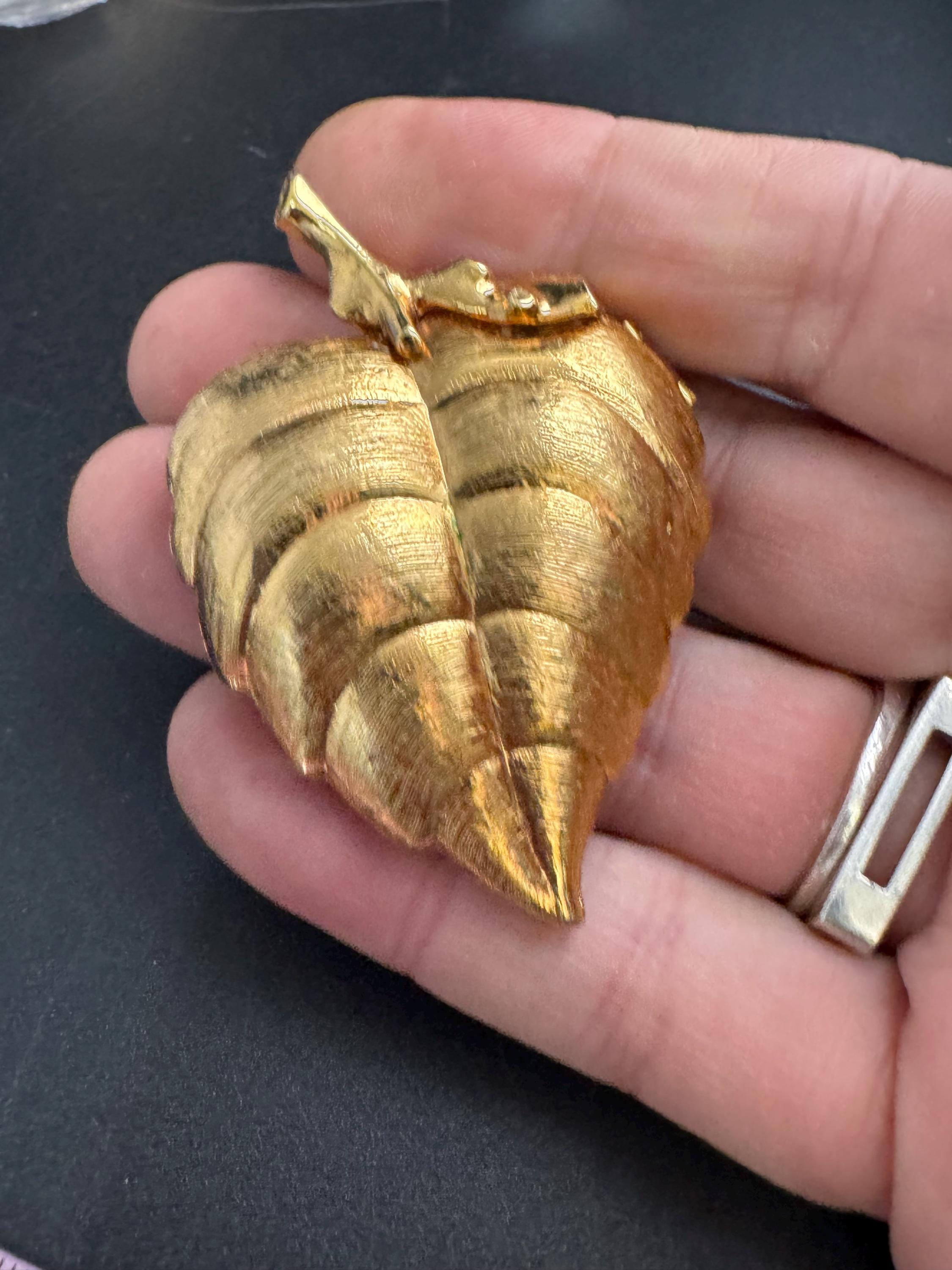 Vintage Avon Golden Leaf Brooch: Perfume Compact, Faux Pearl - Mid Century