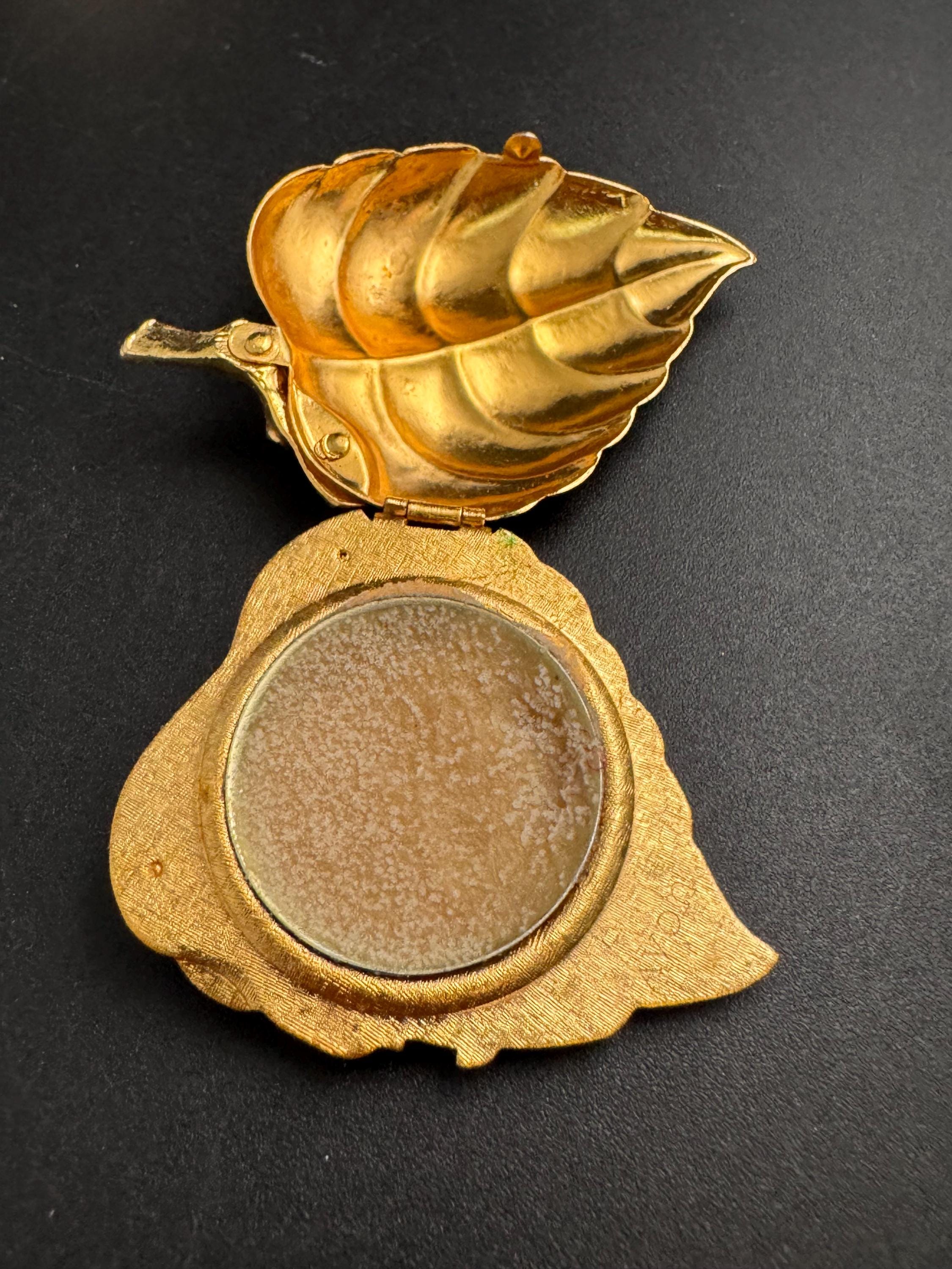 Vintage Avon Golden Leaf Brooch: Perfume Compact, Faux Pearl - Mid Century