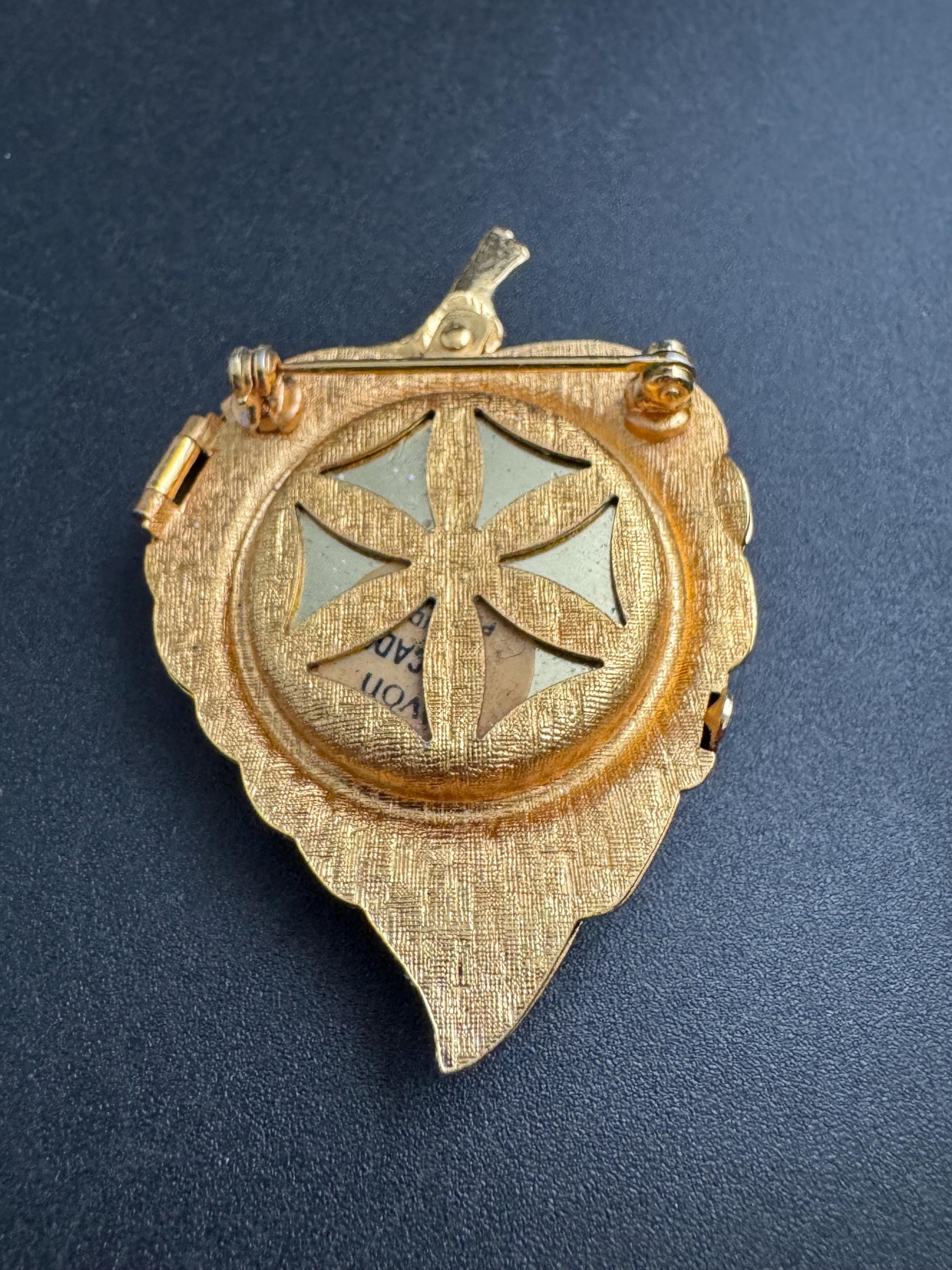 Vintage Avon Golden Leaf Brooch: Perfume Compact, Faux Pearl - Mid Century