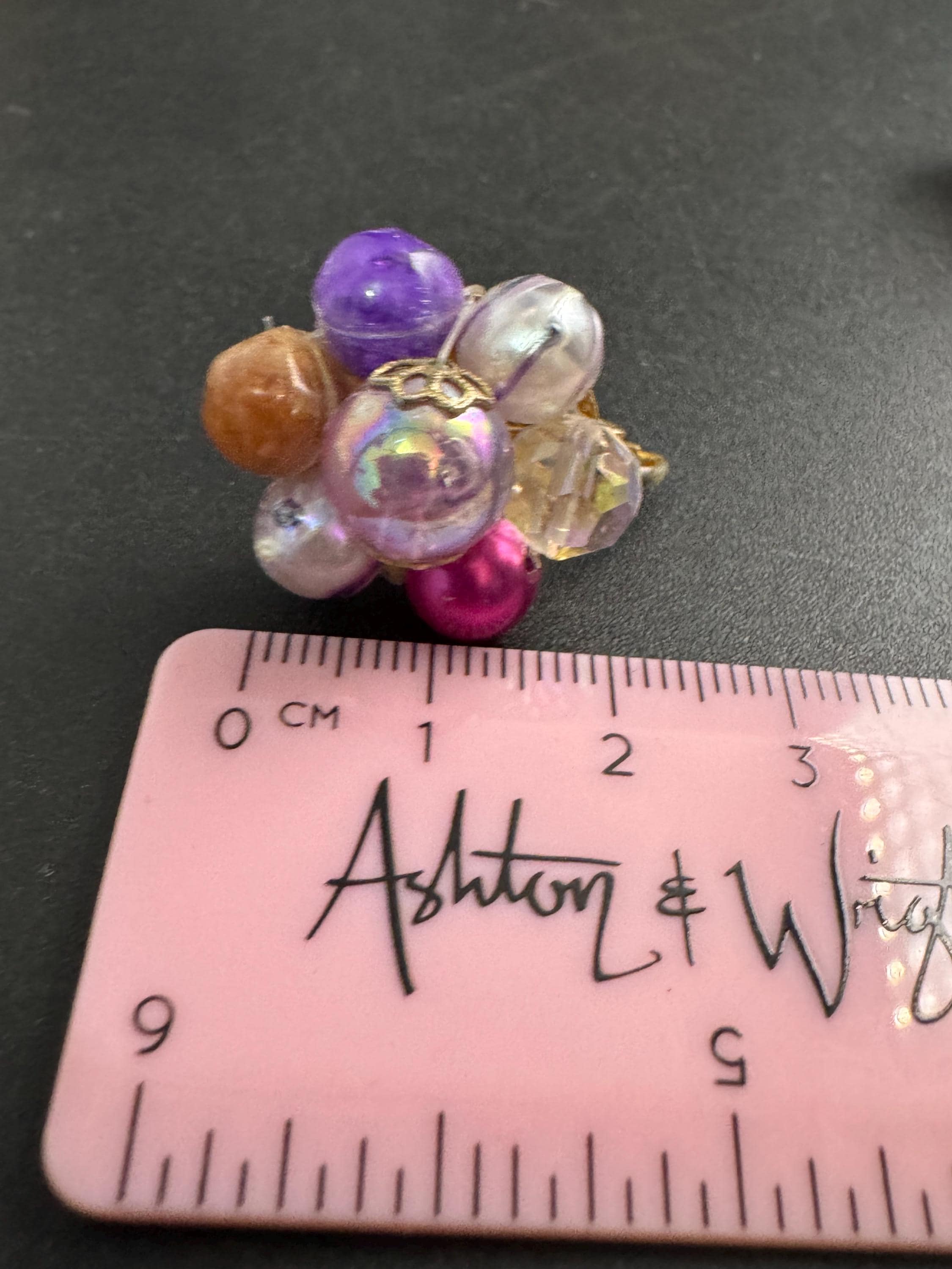 Signed Corocraft pink and purple pearl cluster clip on earrings