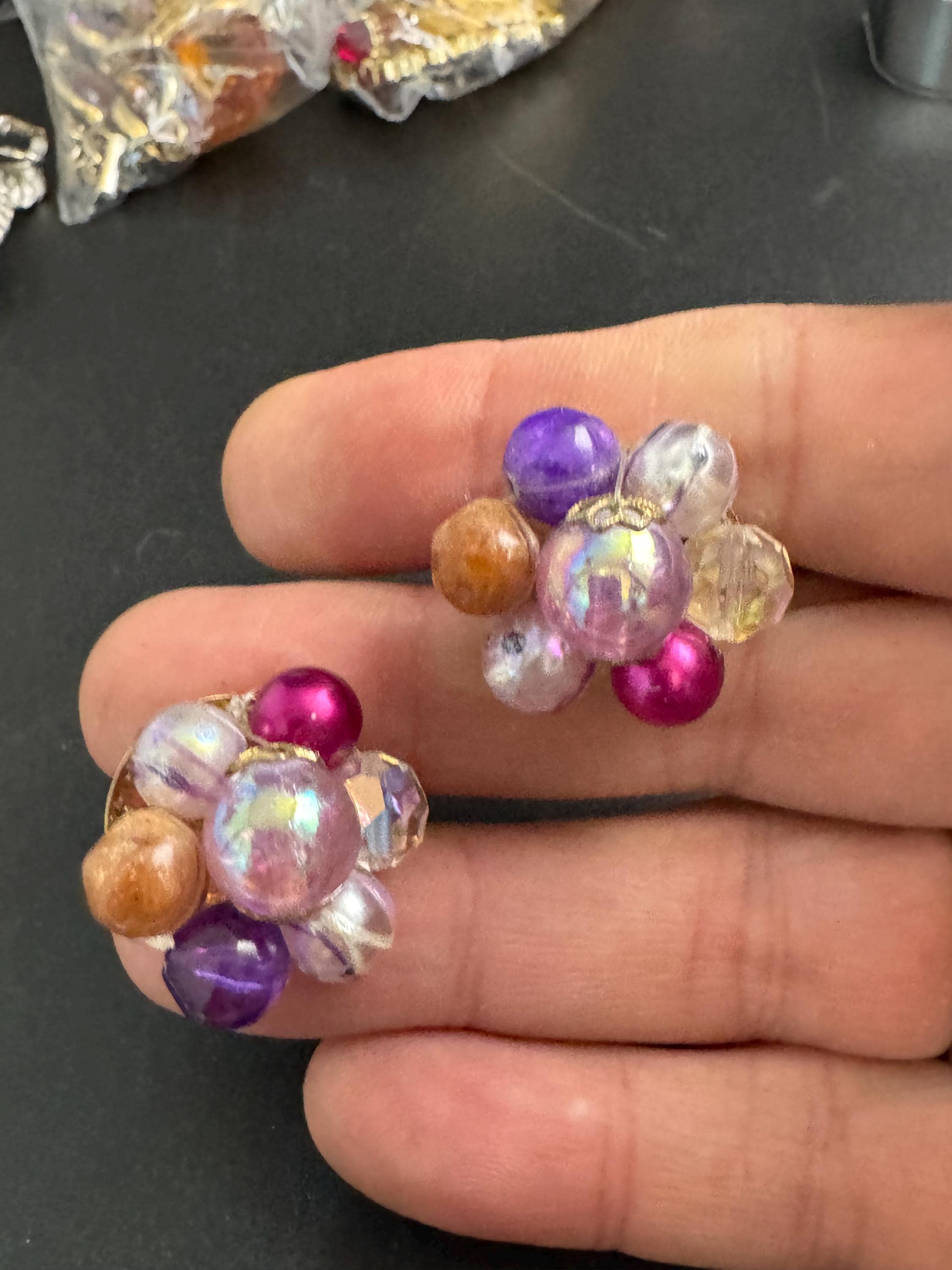 Signed Corocraft pink and purple pearl cluster clip on earrings