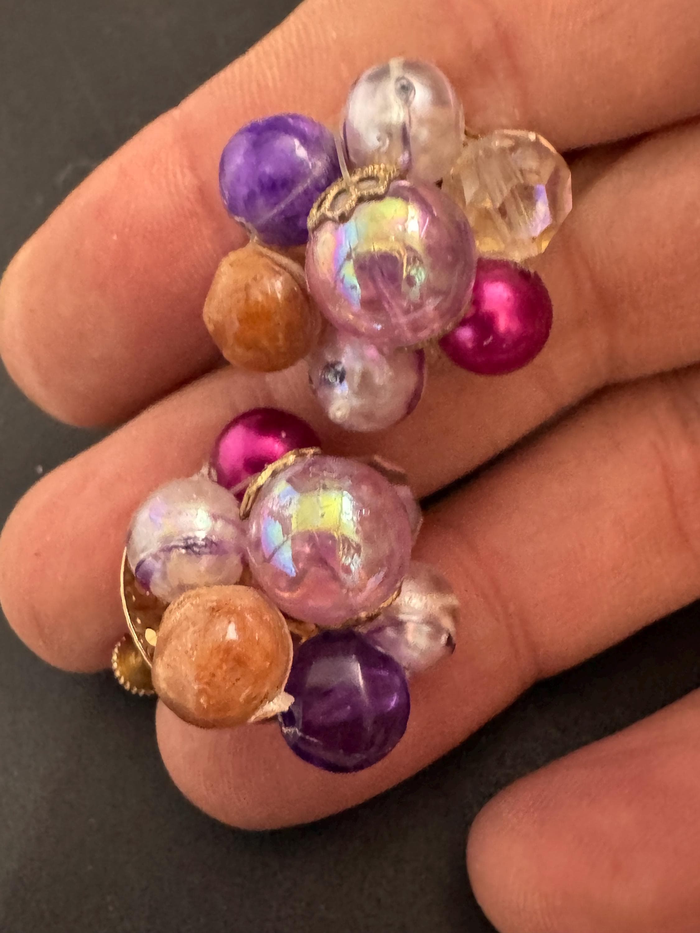 Signed Corocraft pink and purple pearl cluster clip on earrings