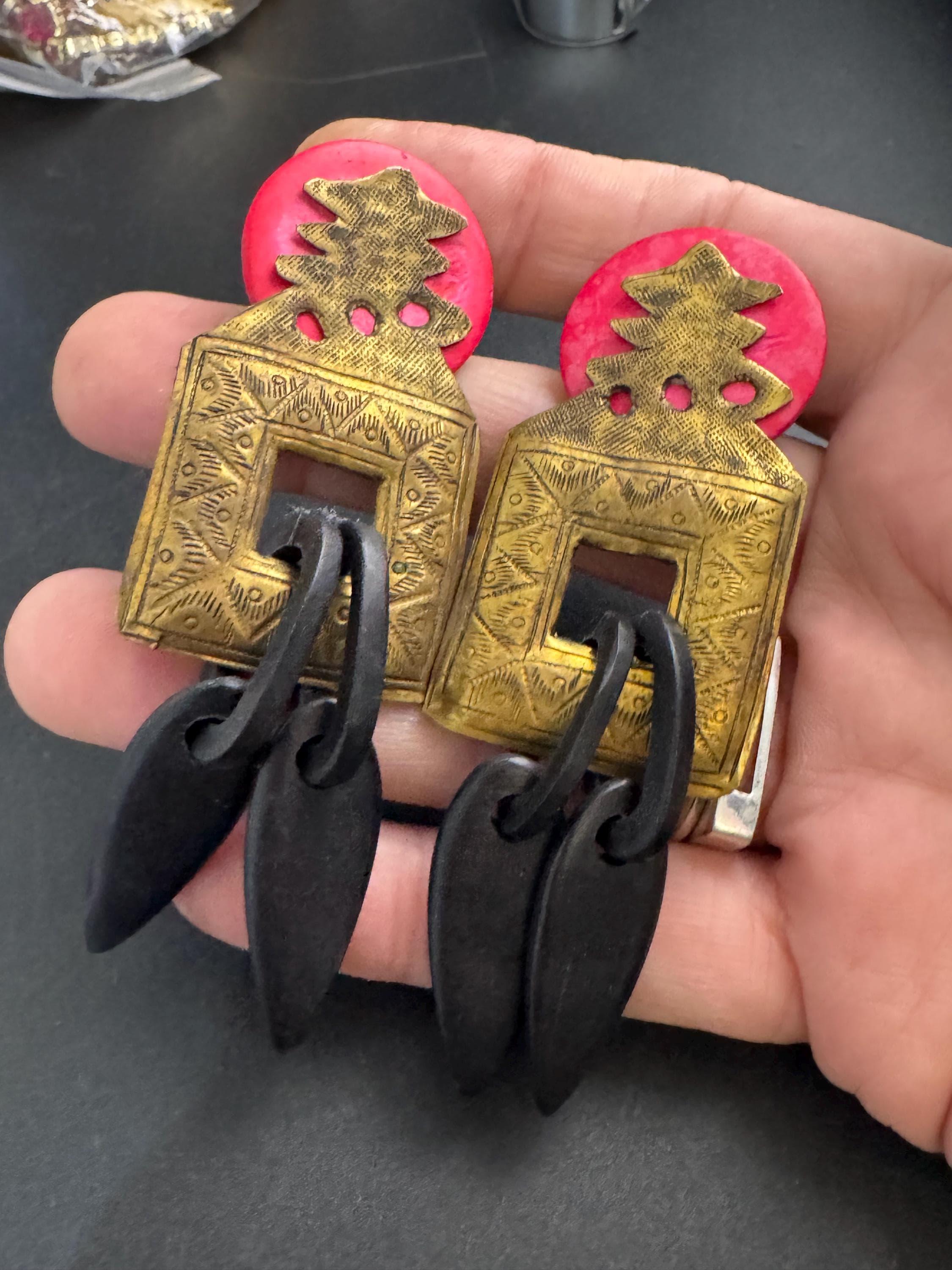 John Michelle Richardson Thai brass long drop earrings, designer 9cm vintage