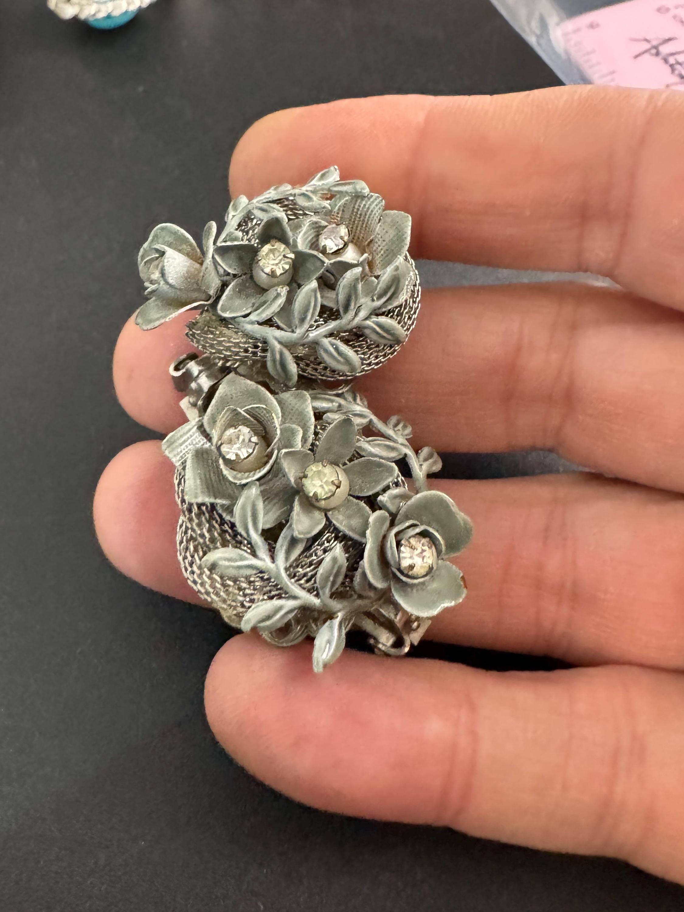 KRAMER duck egg blue rhinestone floral clip on earrings, Vintage silver tone