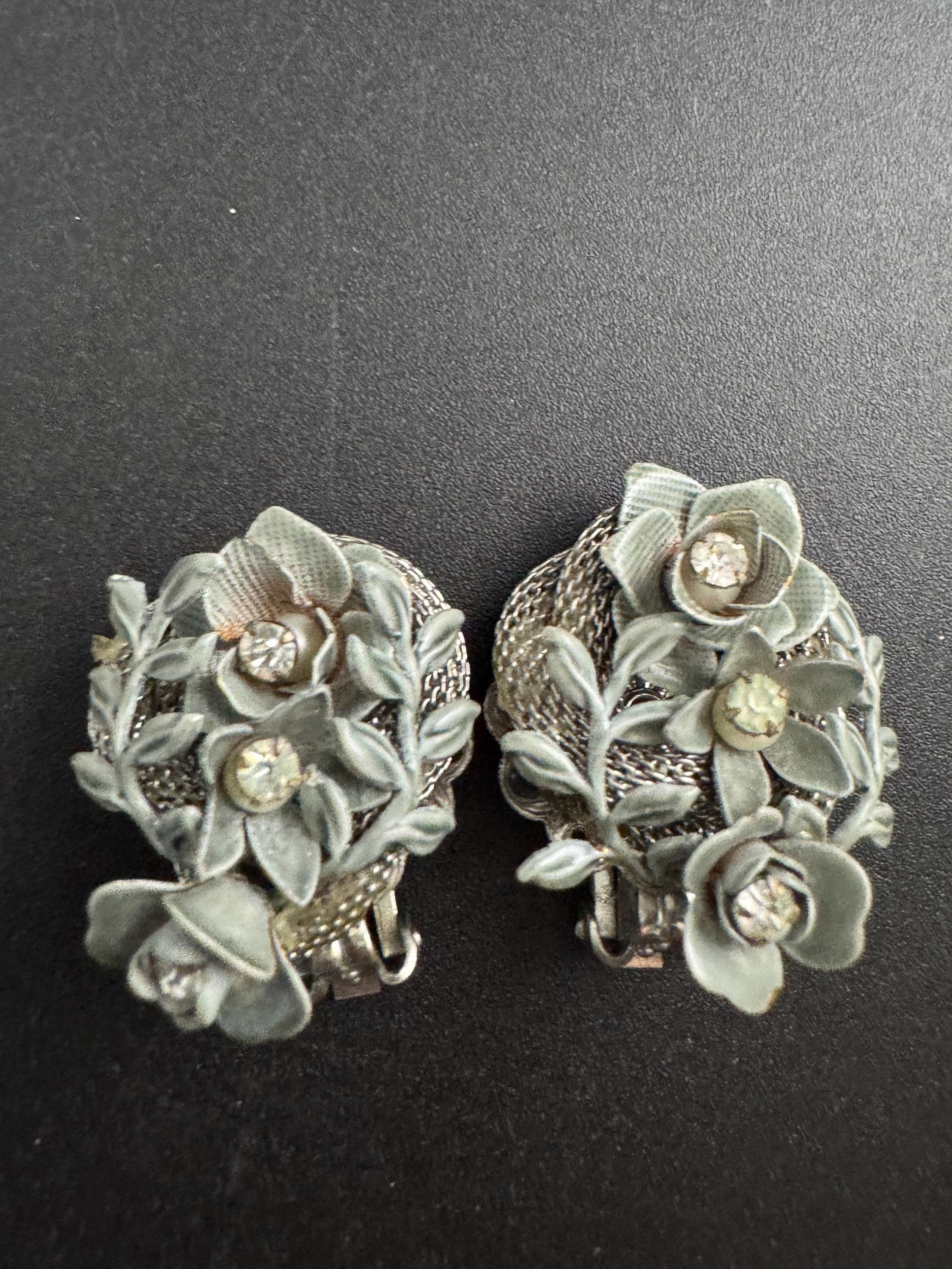 KRAMER duck egg blue rhinestone floral clip on earrings, Vintage silver tone