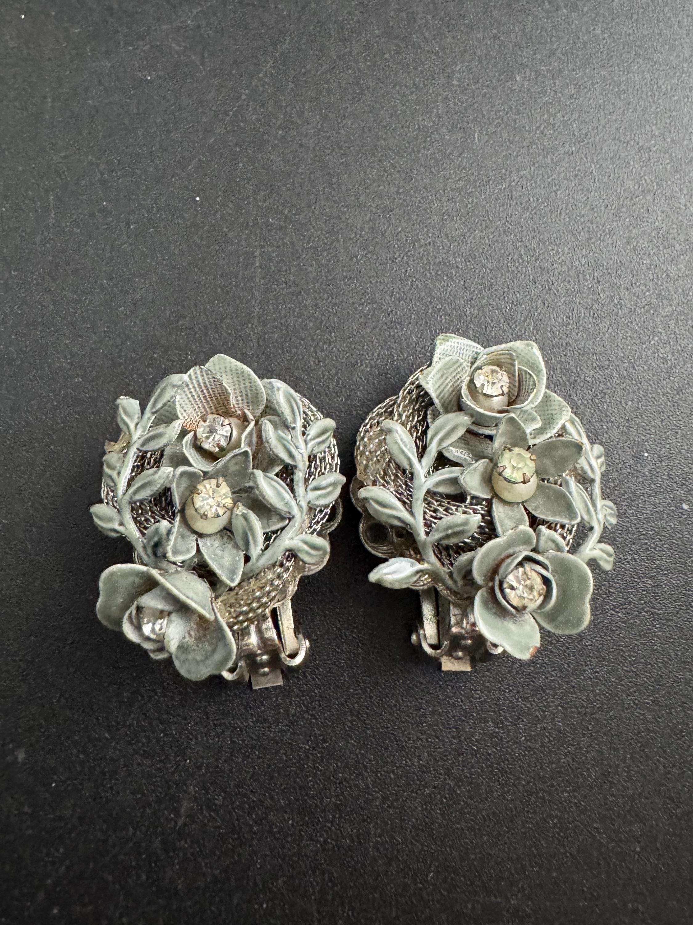KRAMER duck egg blue rhinestone floral clip on earrings, Vintage silver tone
