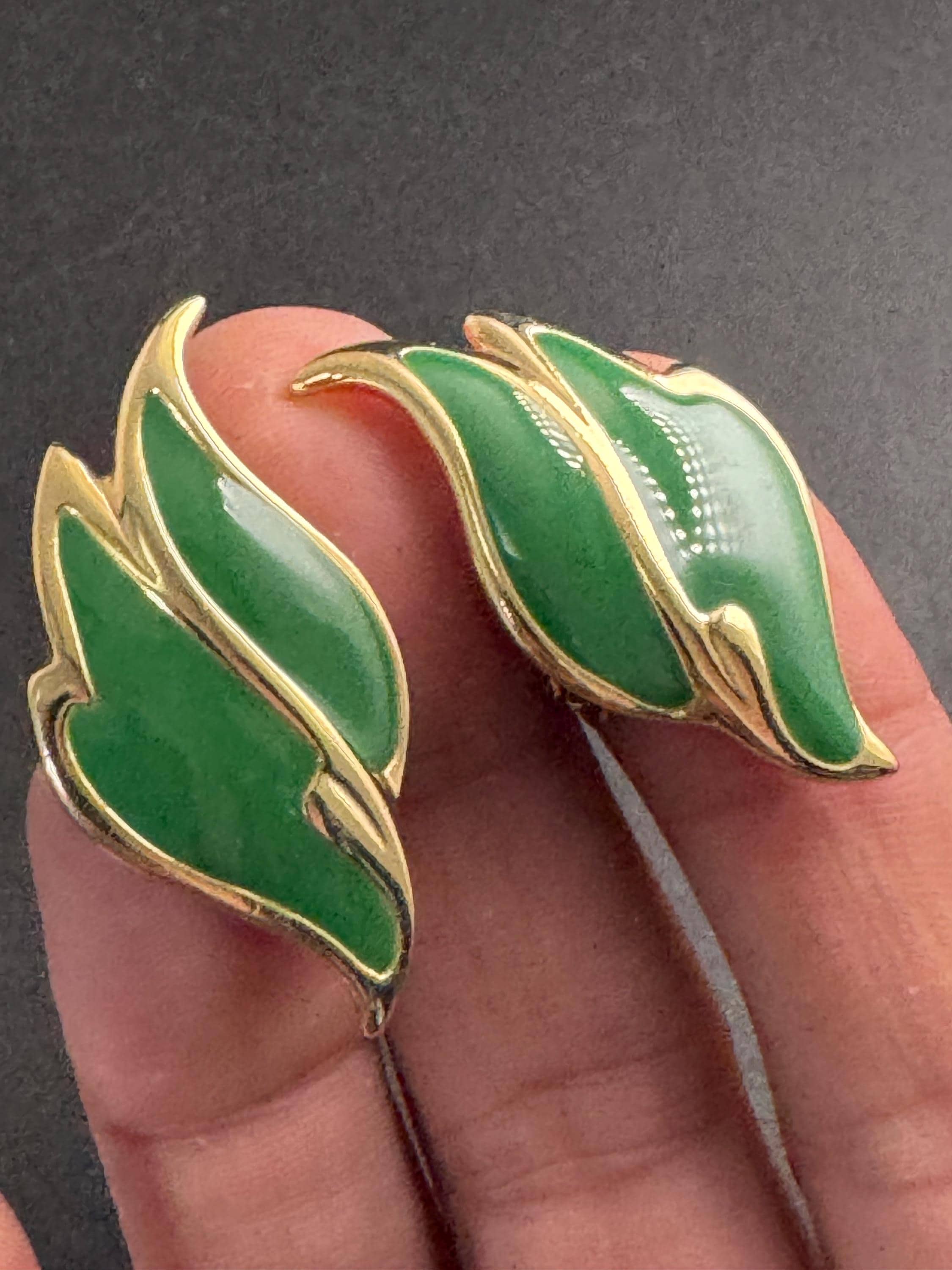 green enamel leaf clip on earrings, signed L gold tone