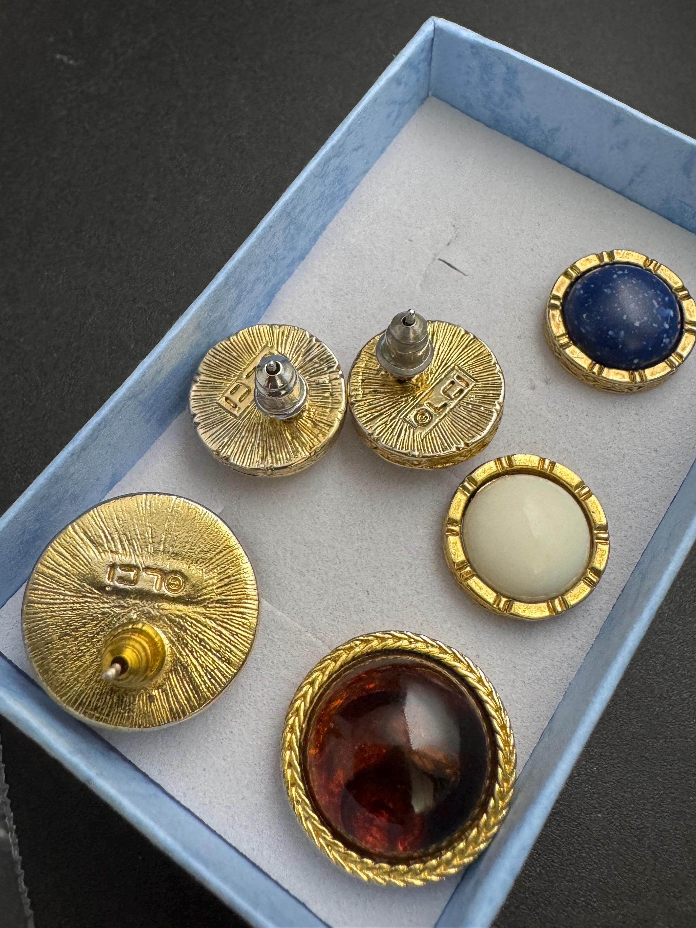 liz Claiborne set of 3 domed stud earrings, pierced brown cream blue