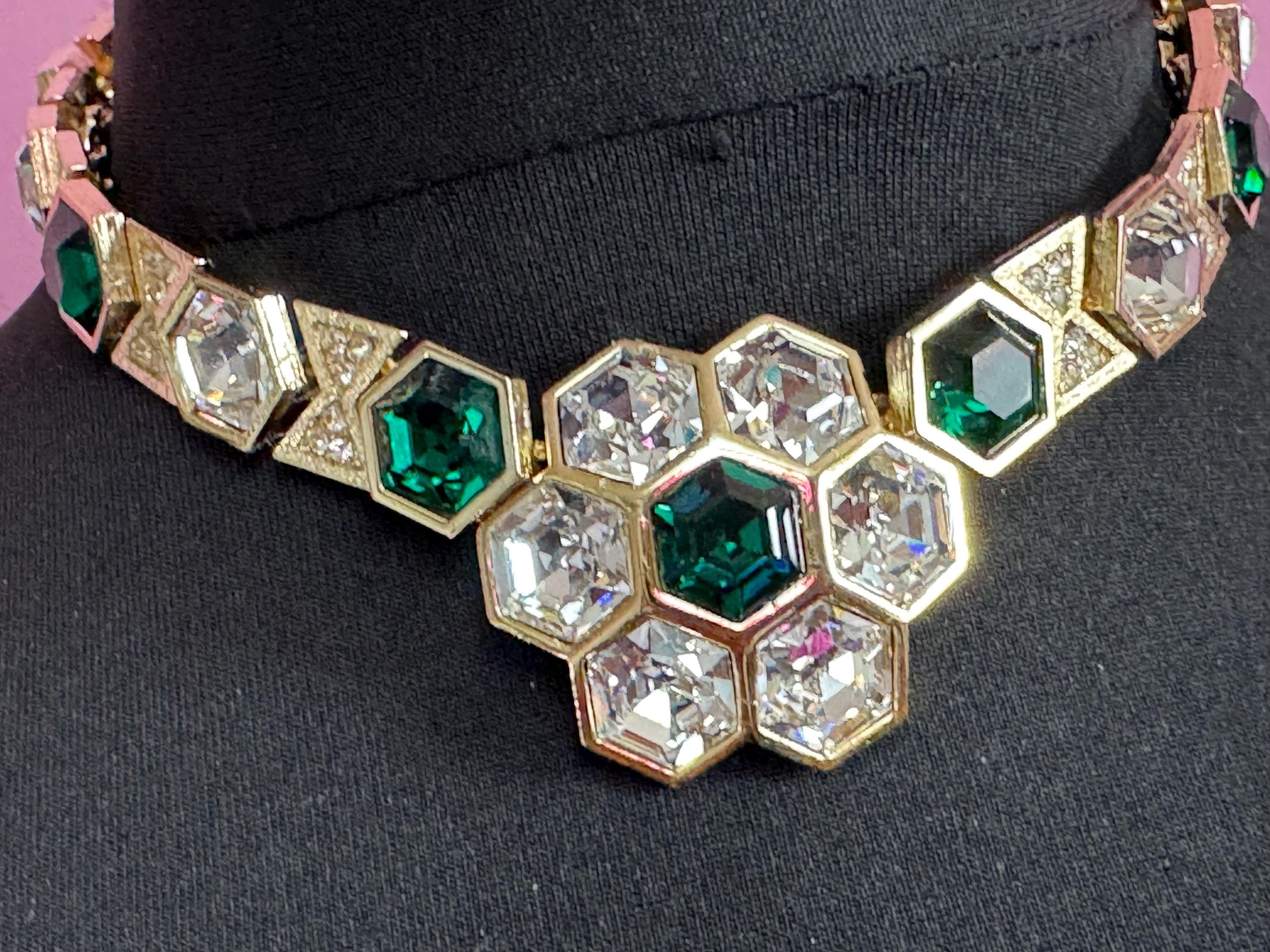 Vintage Swarovski Crystal Choker: emerald green Rhinestone Gold Tone Necklace