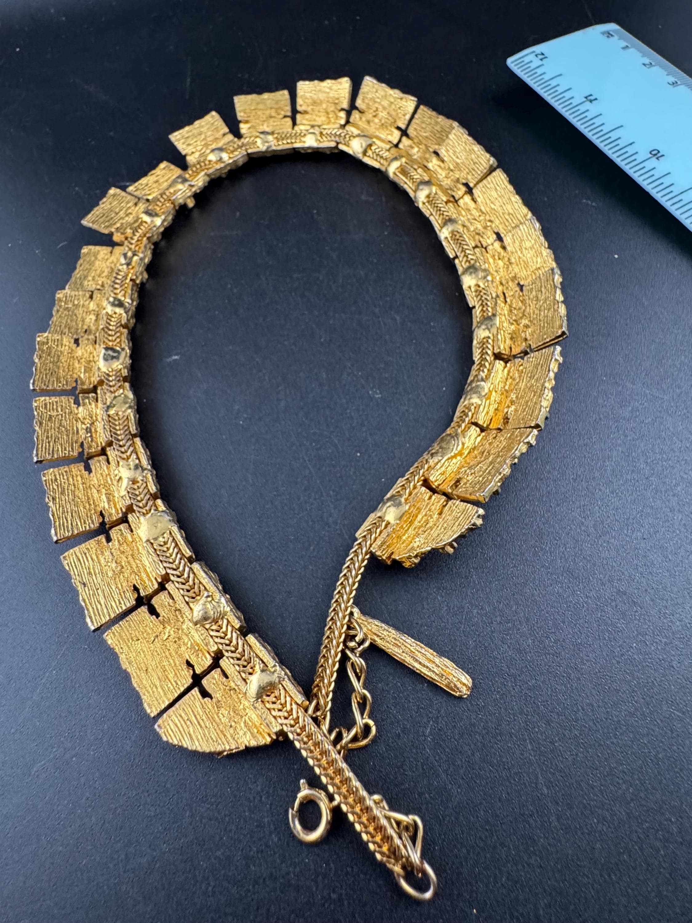 Vintage wide brutalist textured choker necklace, gold tone