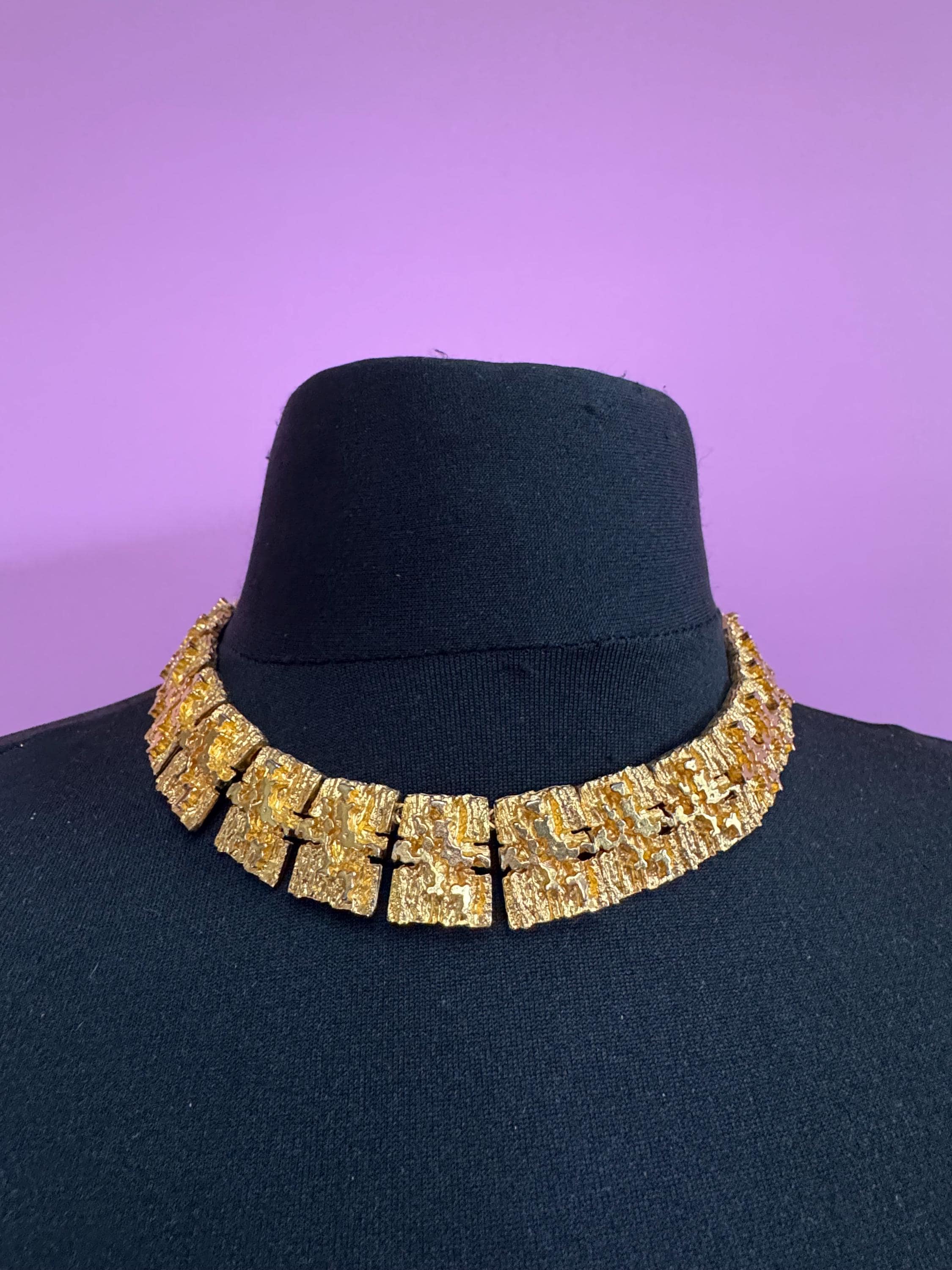 Vintage wide brutalist textured choker necklace, gold tone