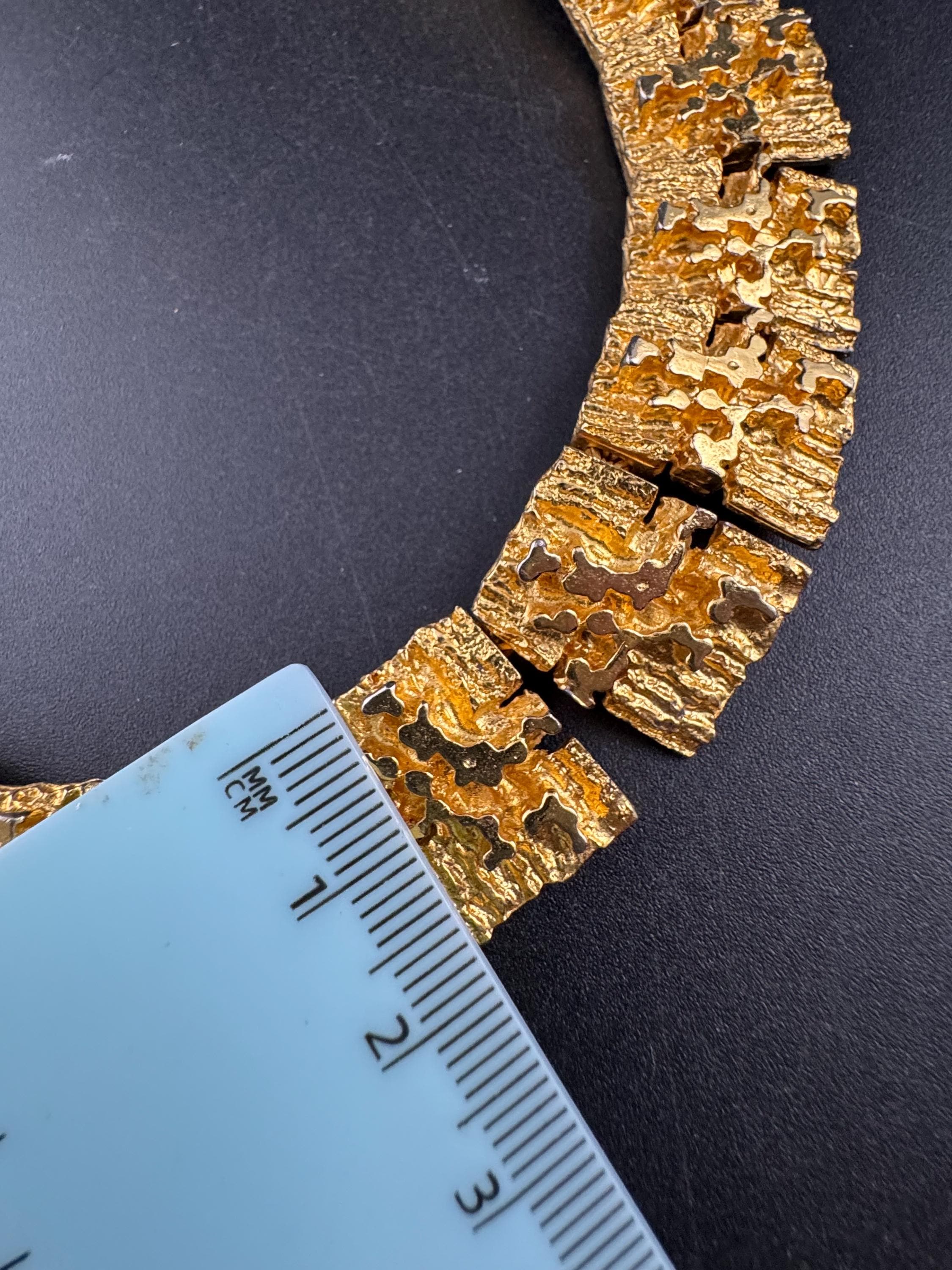 Vintage wide brutalist textured choker necklace, gold tone