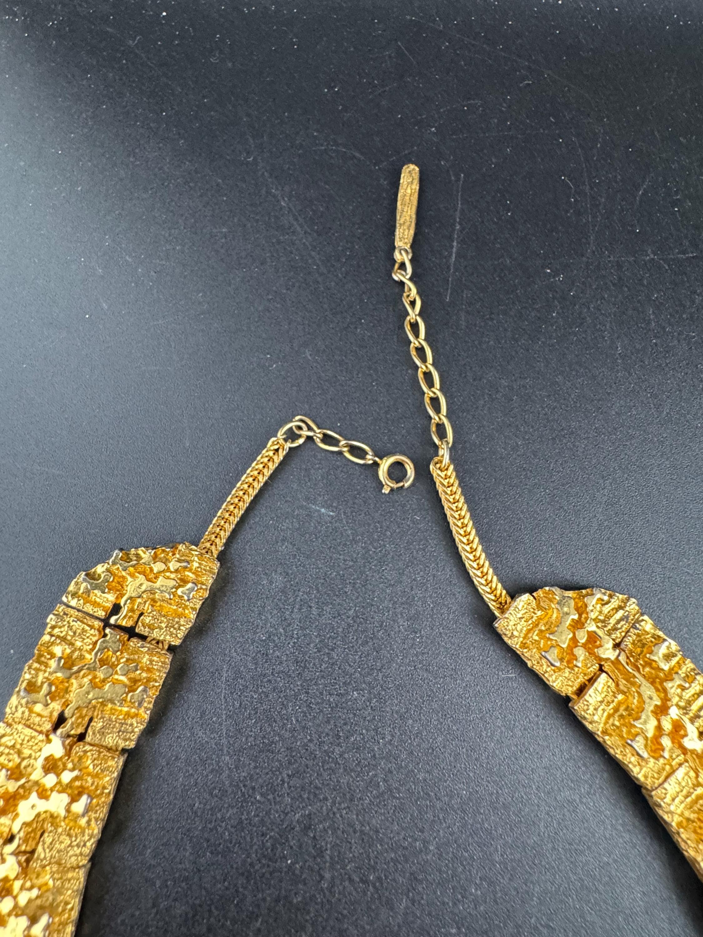 Vintage wide brutalist textured choker necklace, gold tone