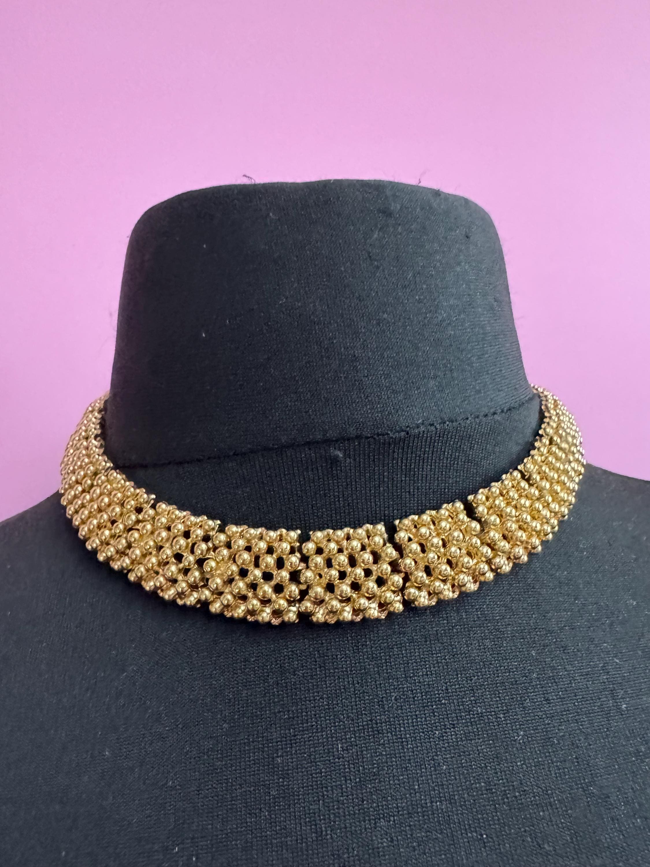 Vintage wide panel link choker necklace 43cm, gold tone ball bead brutalist