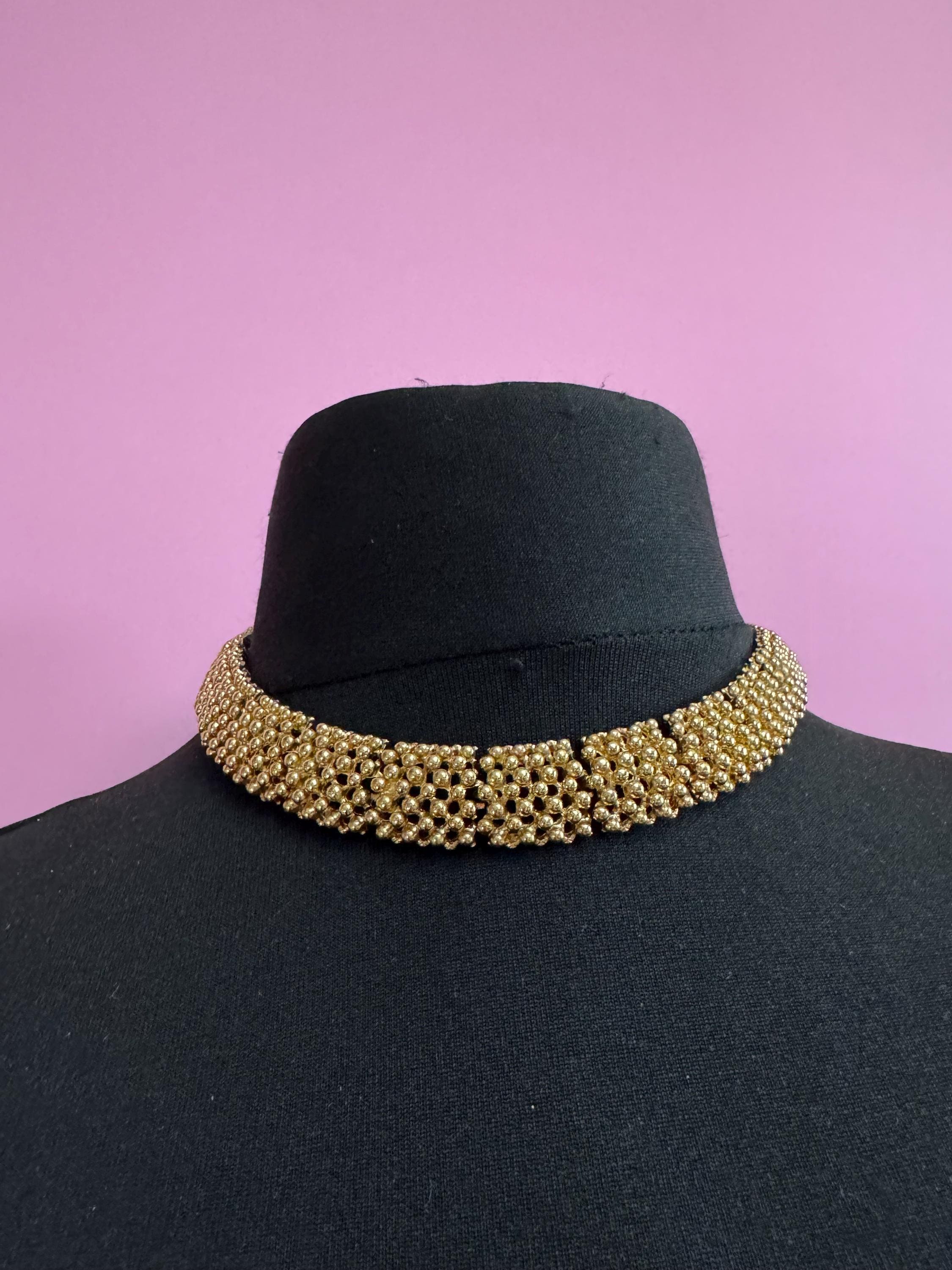 Vintage wide panel link choker necklace 43cm, gold tone ball bead brutalist