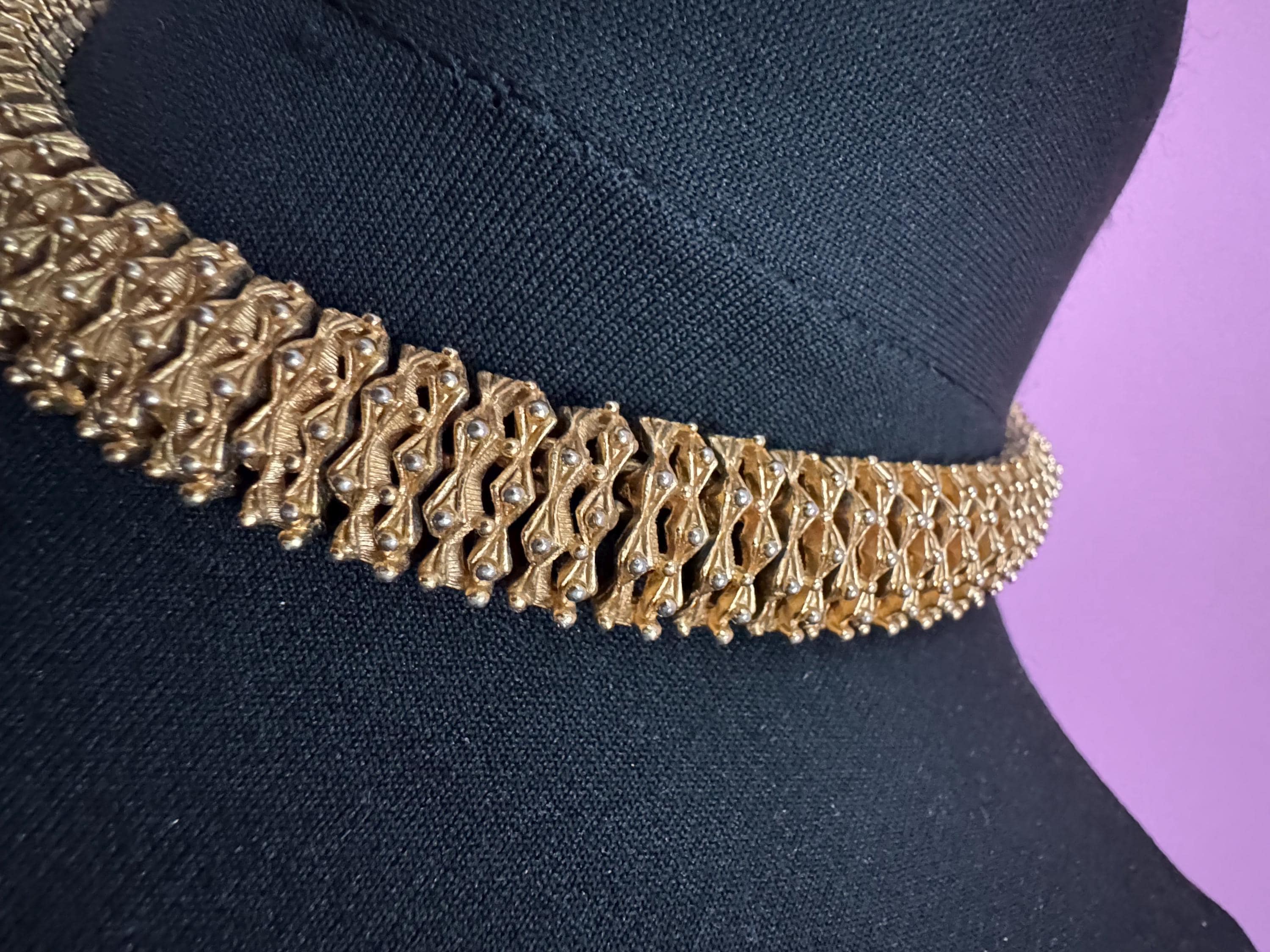 Vintage wide panel link choker necklace adjustable , gold tone ball bead brutalist