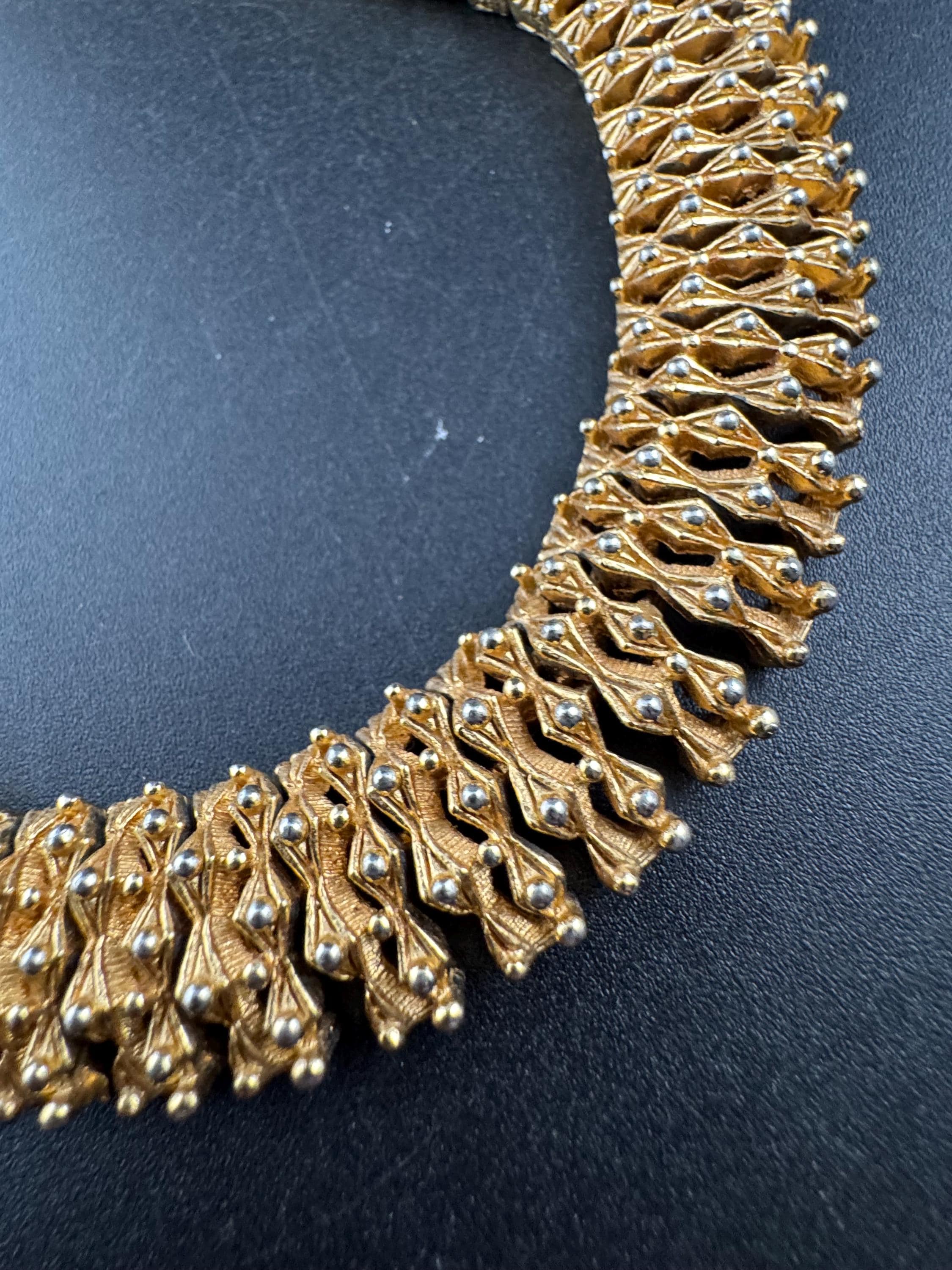 Vintage wide panel link choker necklace adjustable , gold tone ball bead brutalist