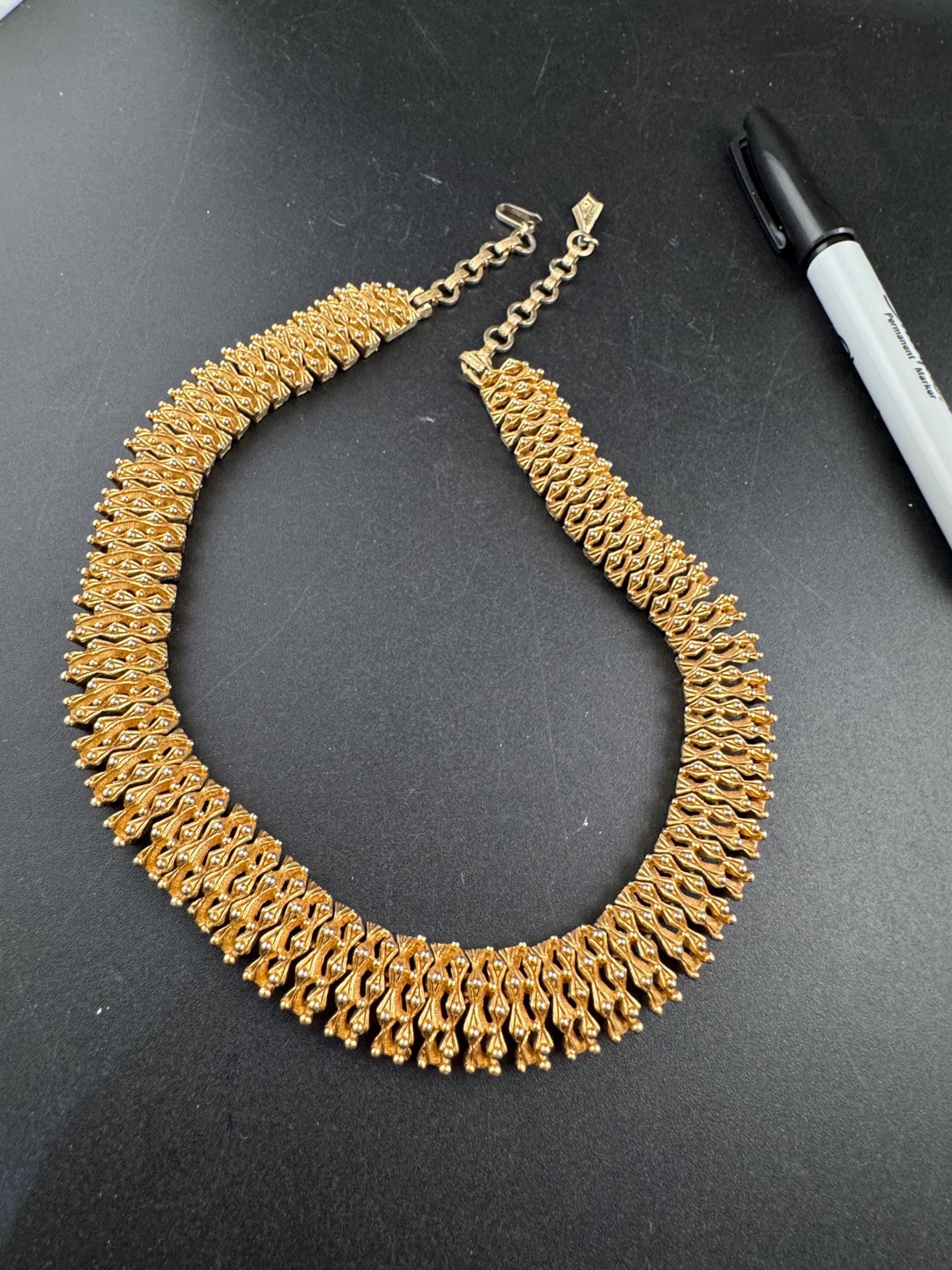 Vintage wide panel link choker necklace adjustable , gold tone ball bead brutalist