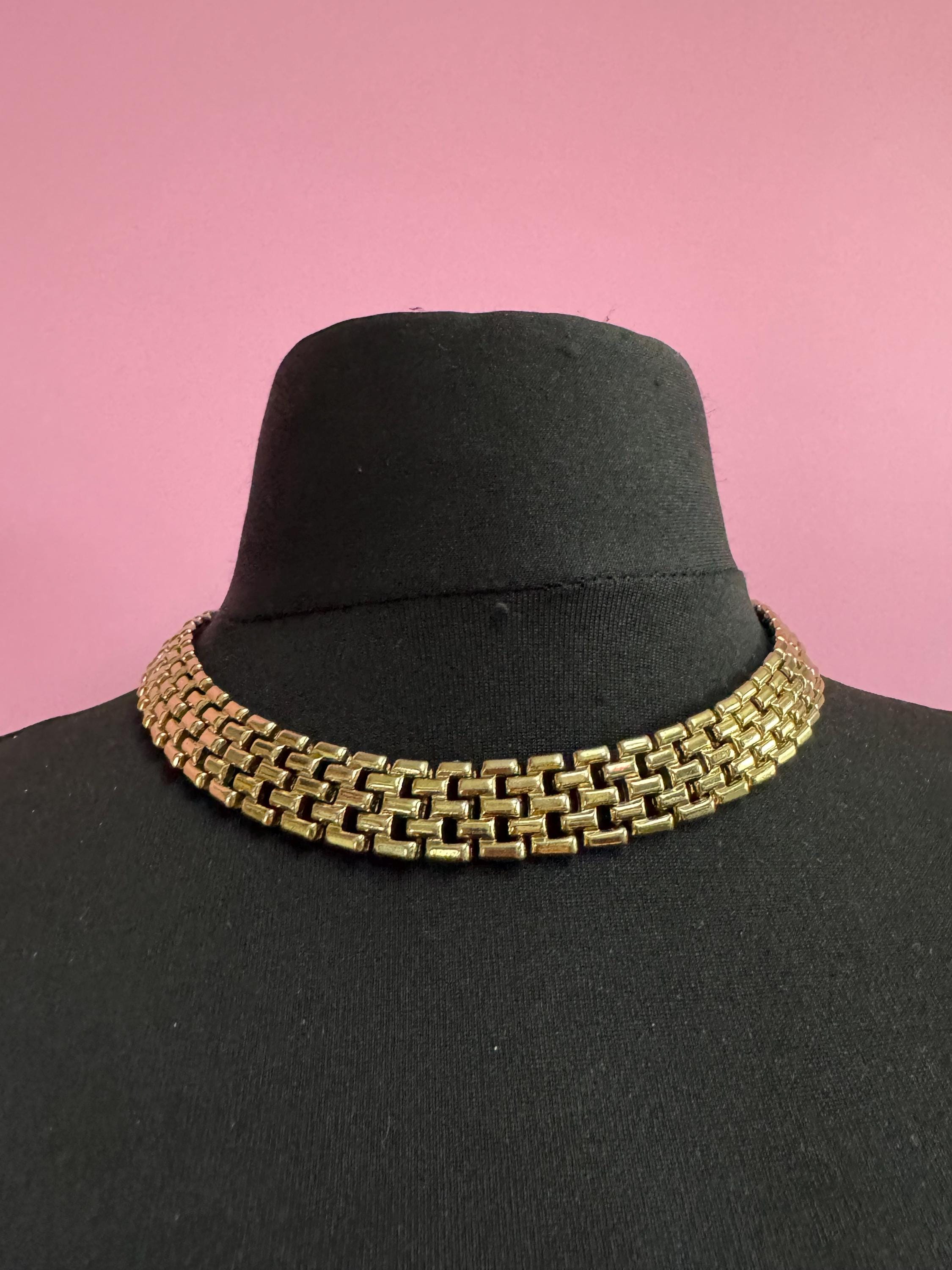 1980s wide panther brick link gold plated choker necklace 44cm