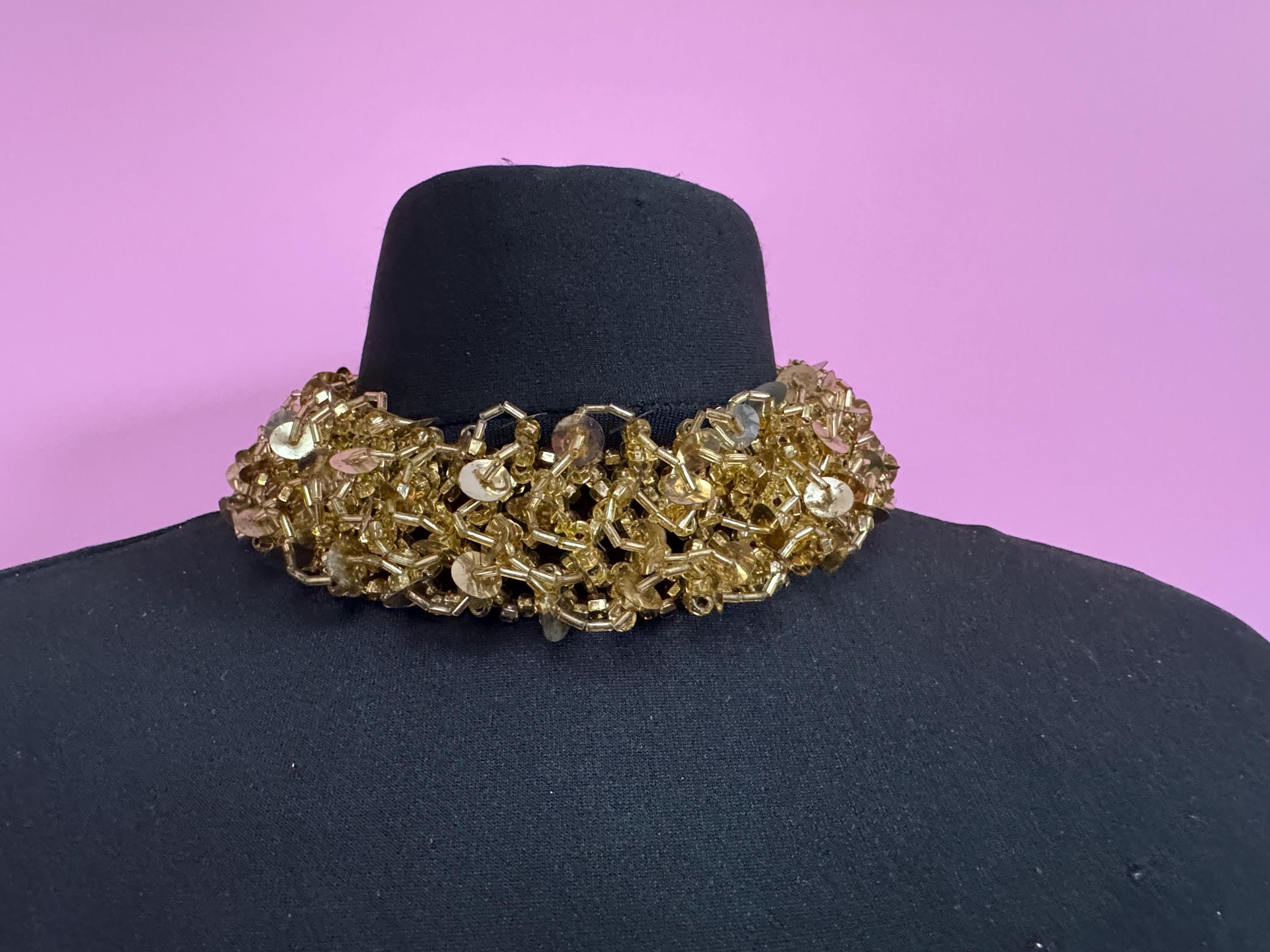 1980s signed Italian wide beaded gold choker necklace 46cm