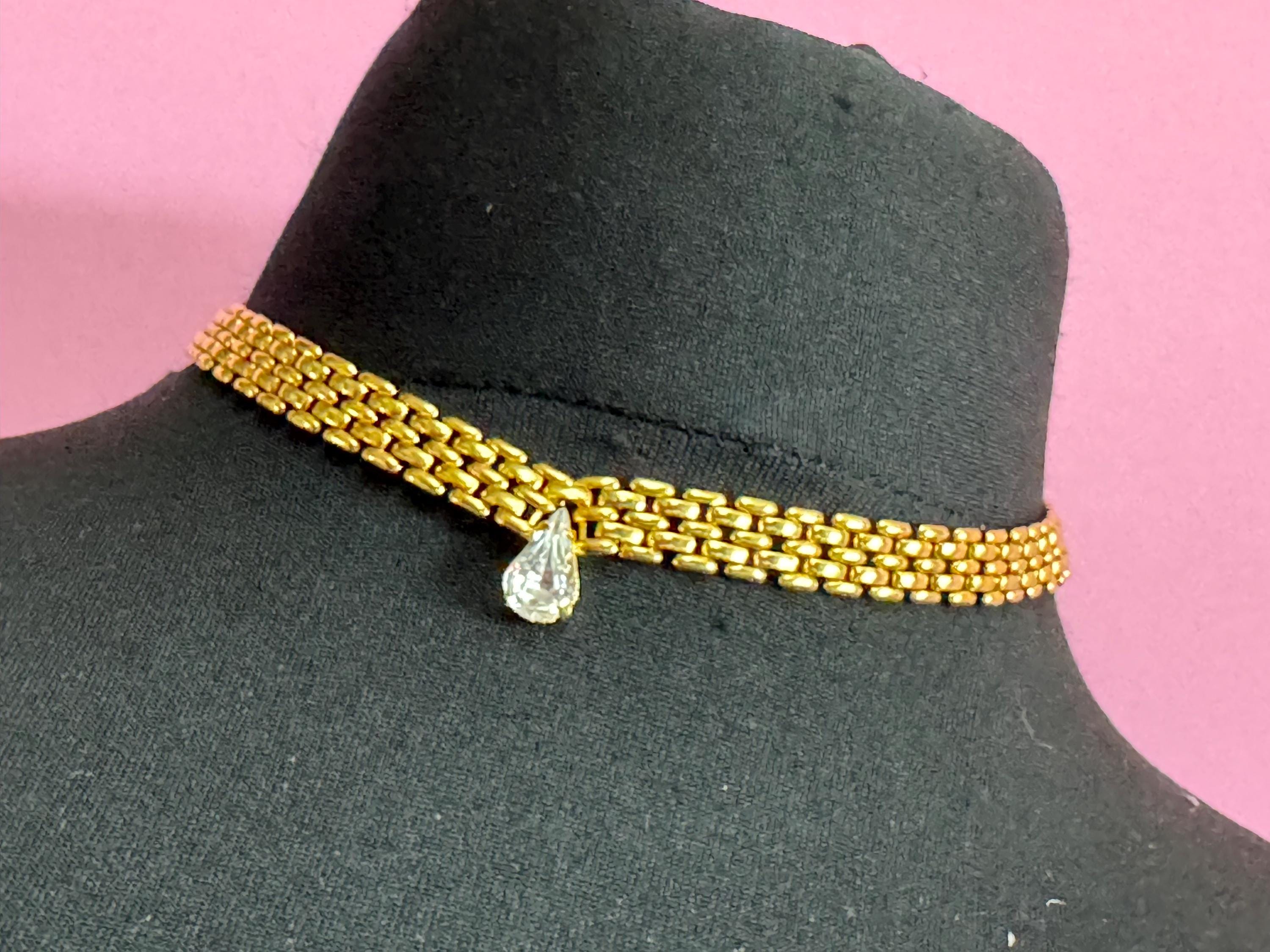40cm panther link teardrop crystal diamanté gold tone choker necklace, brick chain, Retro 1980s