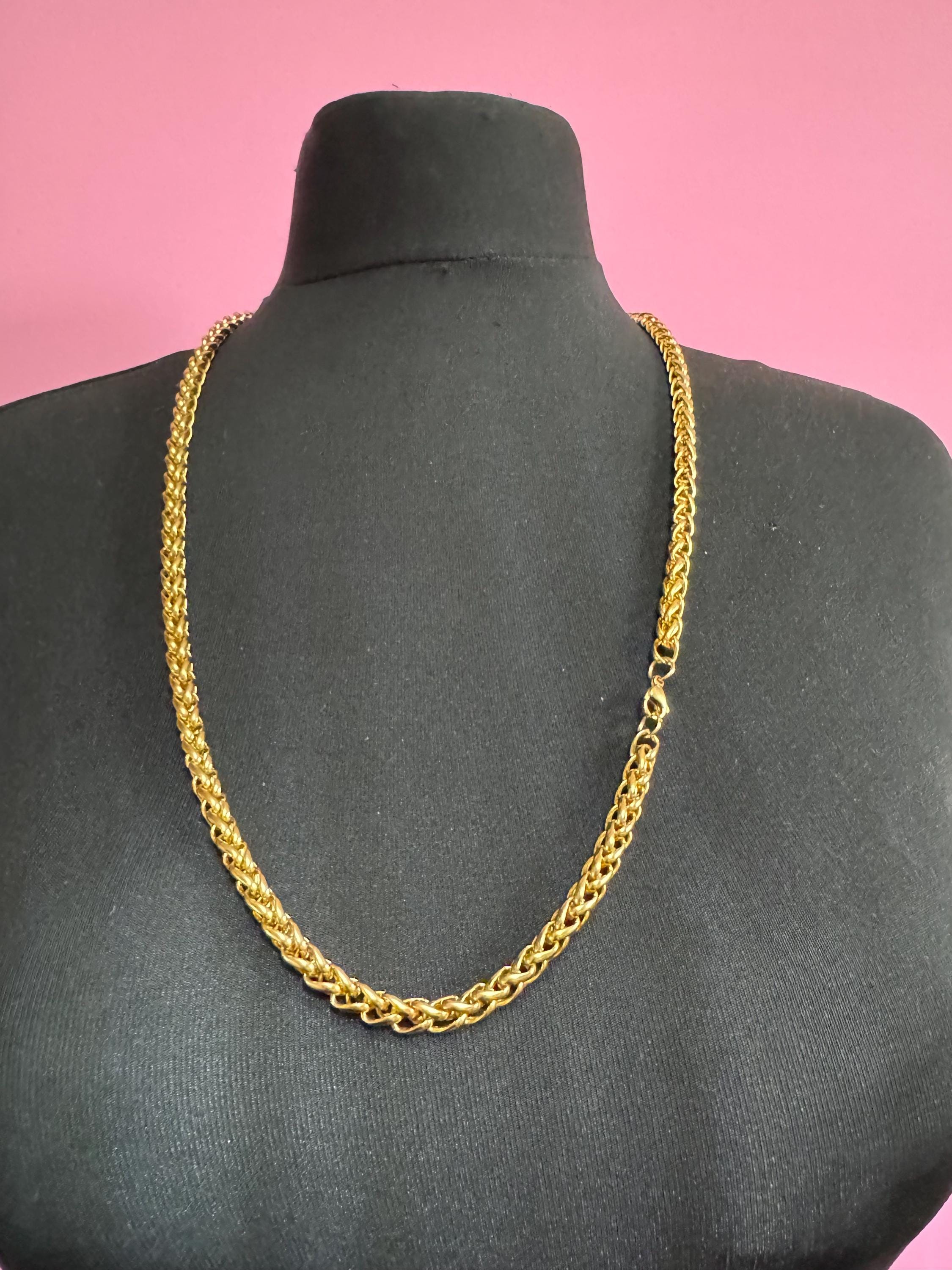 78cm long 1980s thick gold plated wheat link chain necklace