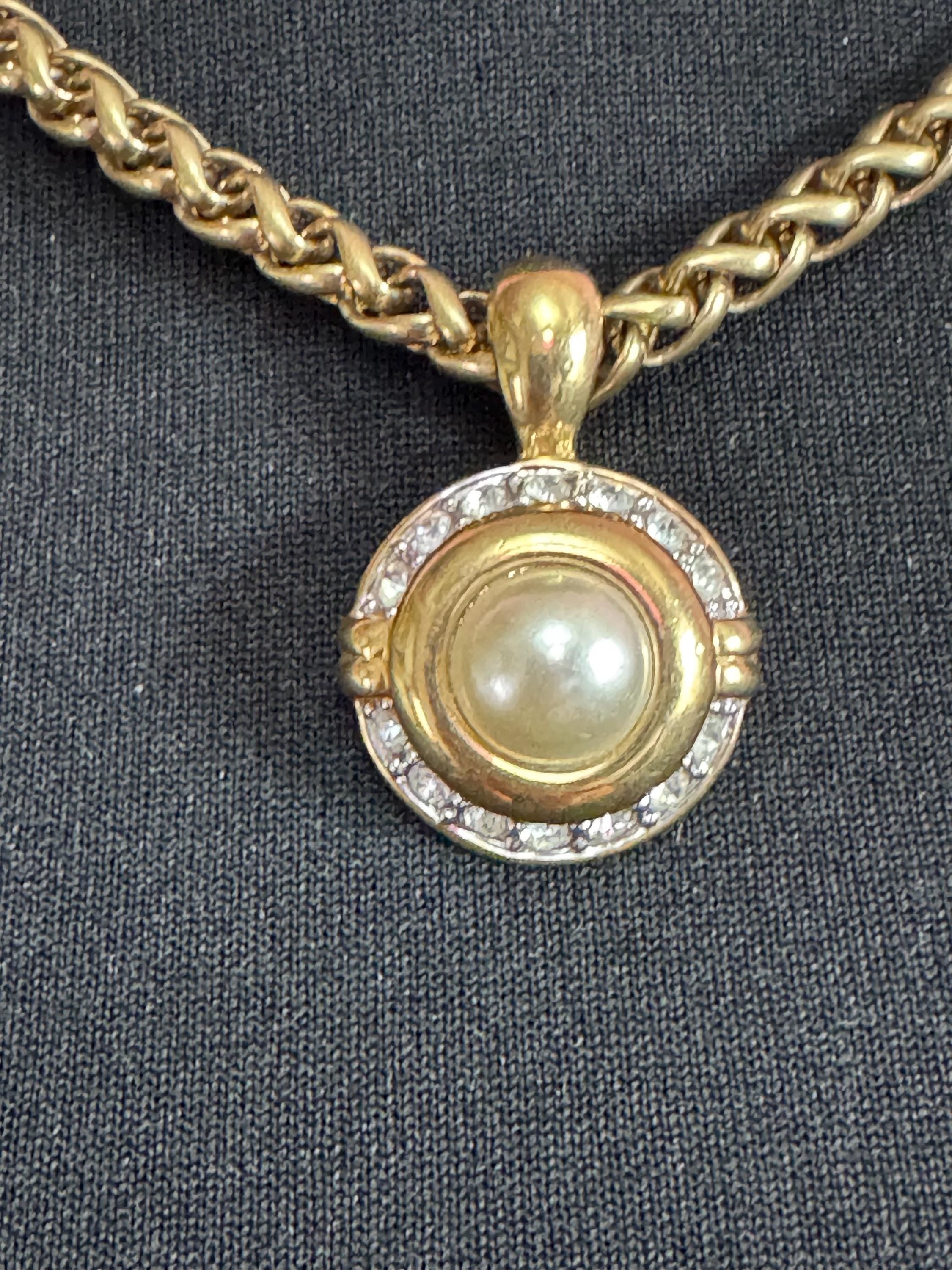Vintage pearl crystal pendant on a wheat chain necklace, 5mm thick 46cm