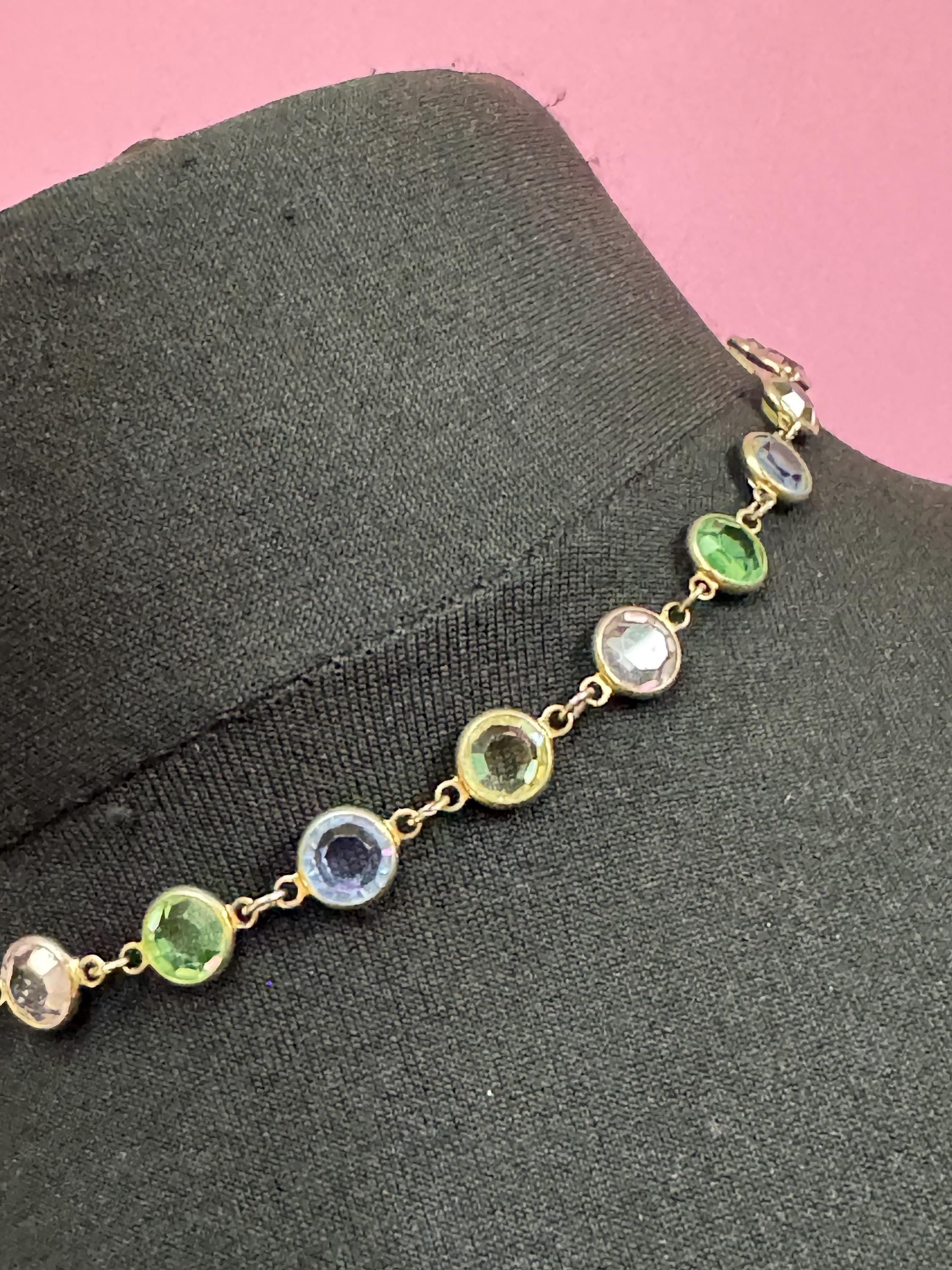 Rivière bezel set pastel glass faceted chain necklace , gold tone