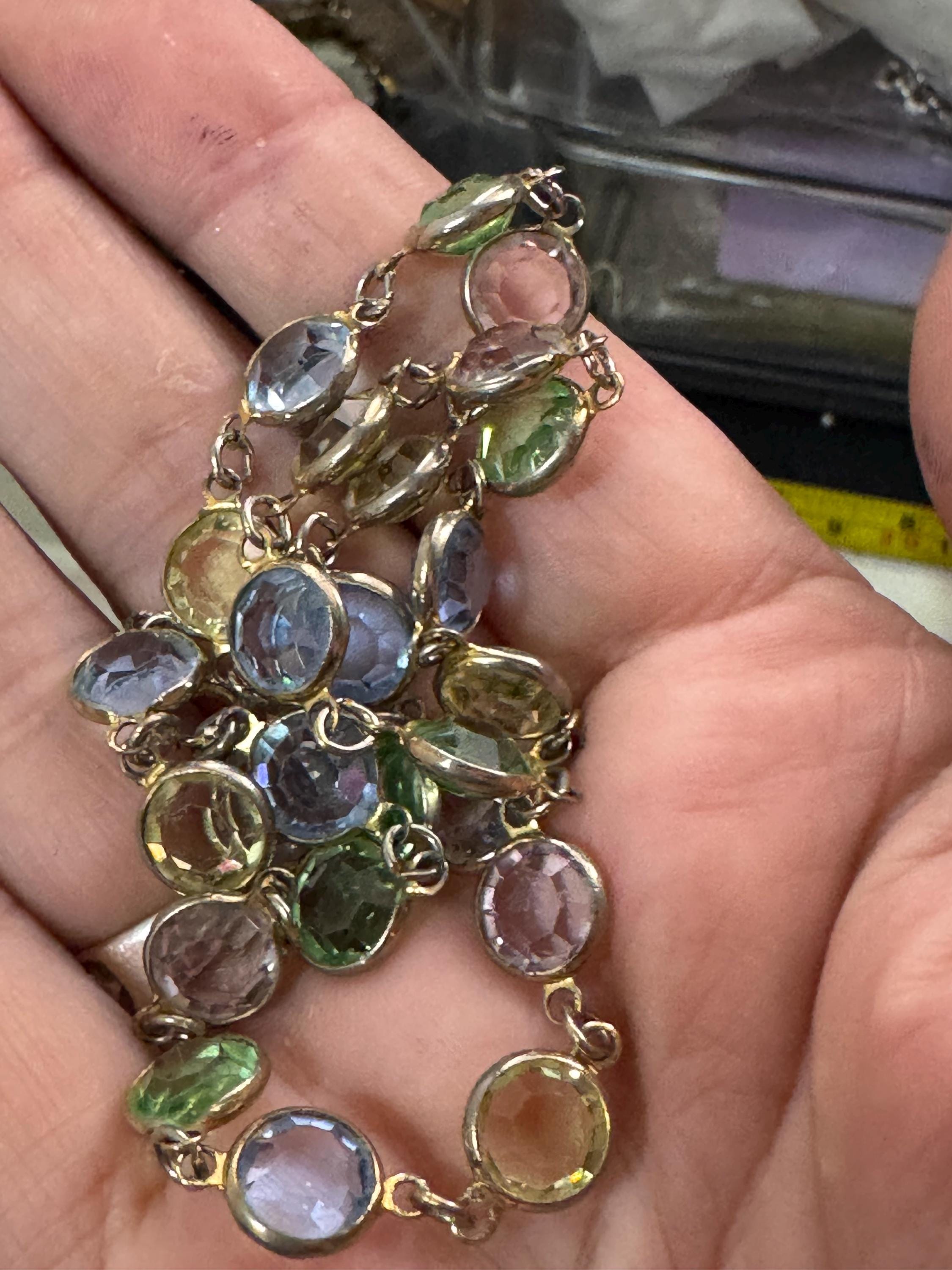 Rivière bezel set pastel glass faceted chain necklace , gold tone