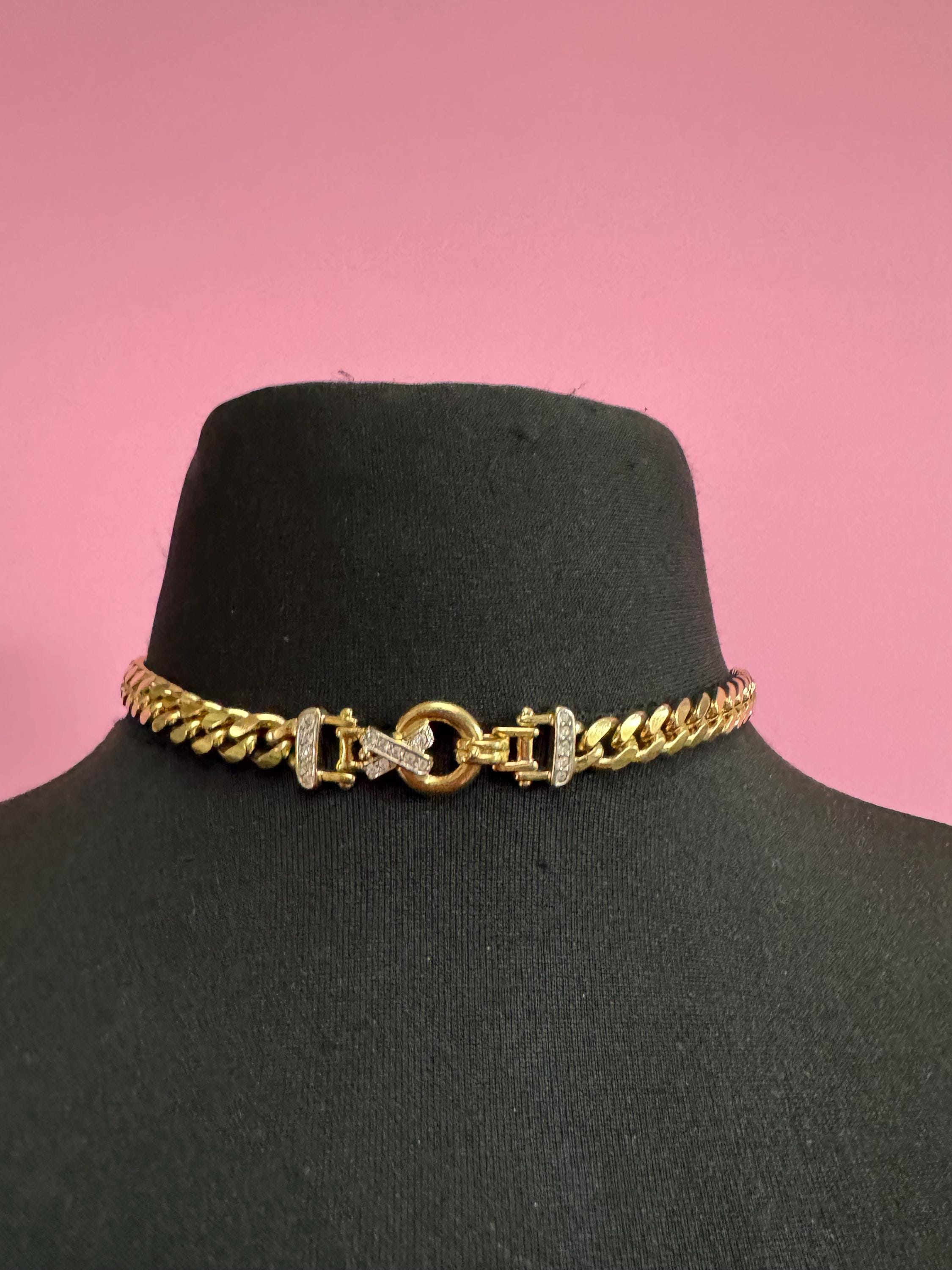 41cm chunky gold tone heavy curb chain choker necklace set with clear crystals