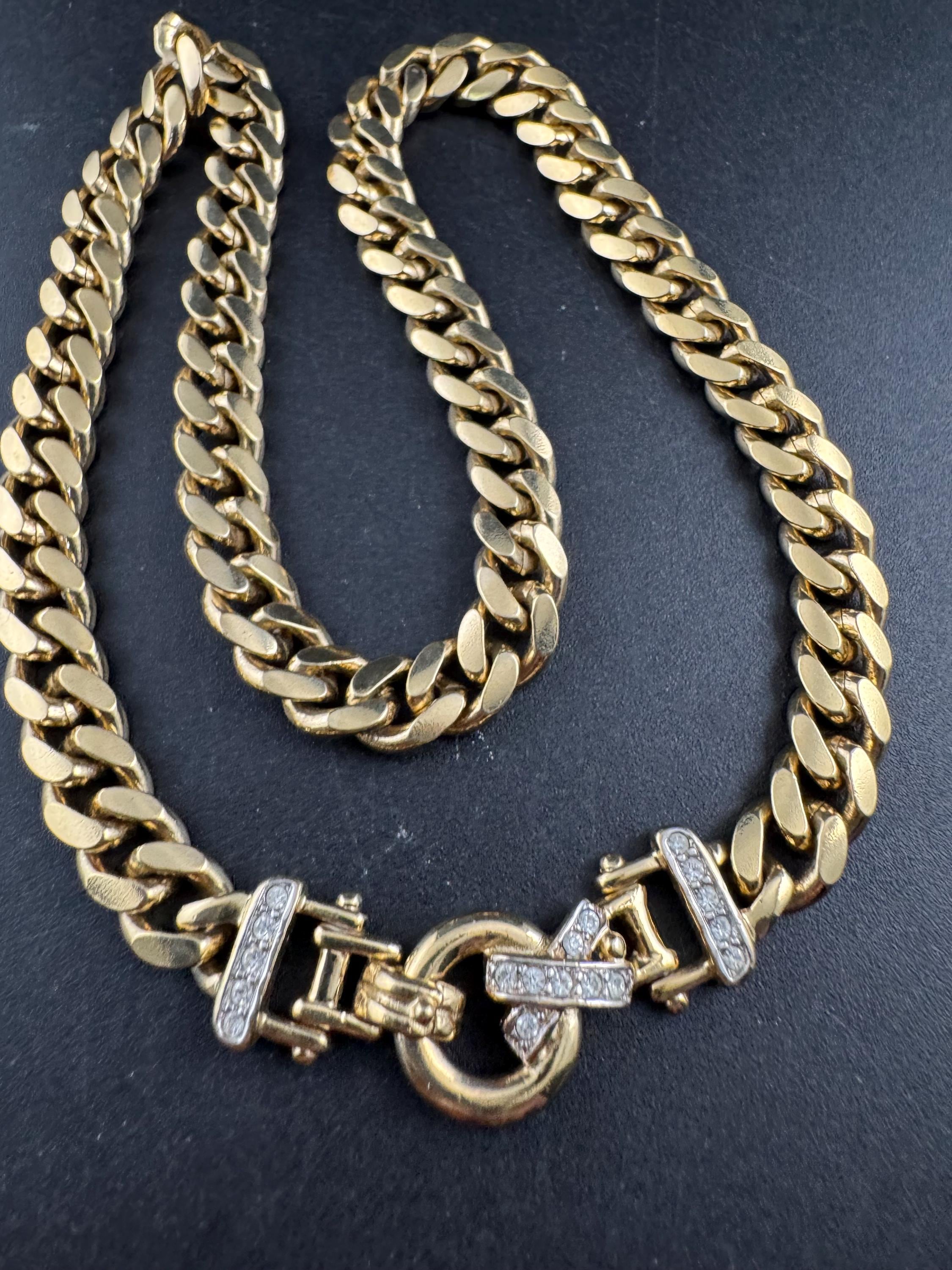 41cm chunky gold tone heavy curb chain choker necklace set with clear crystals