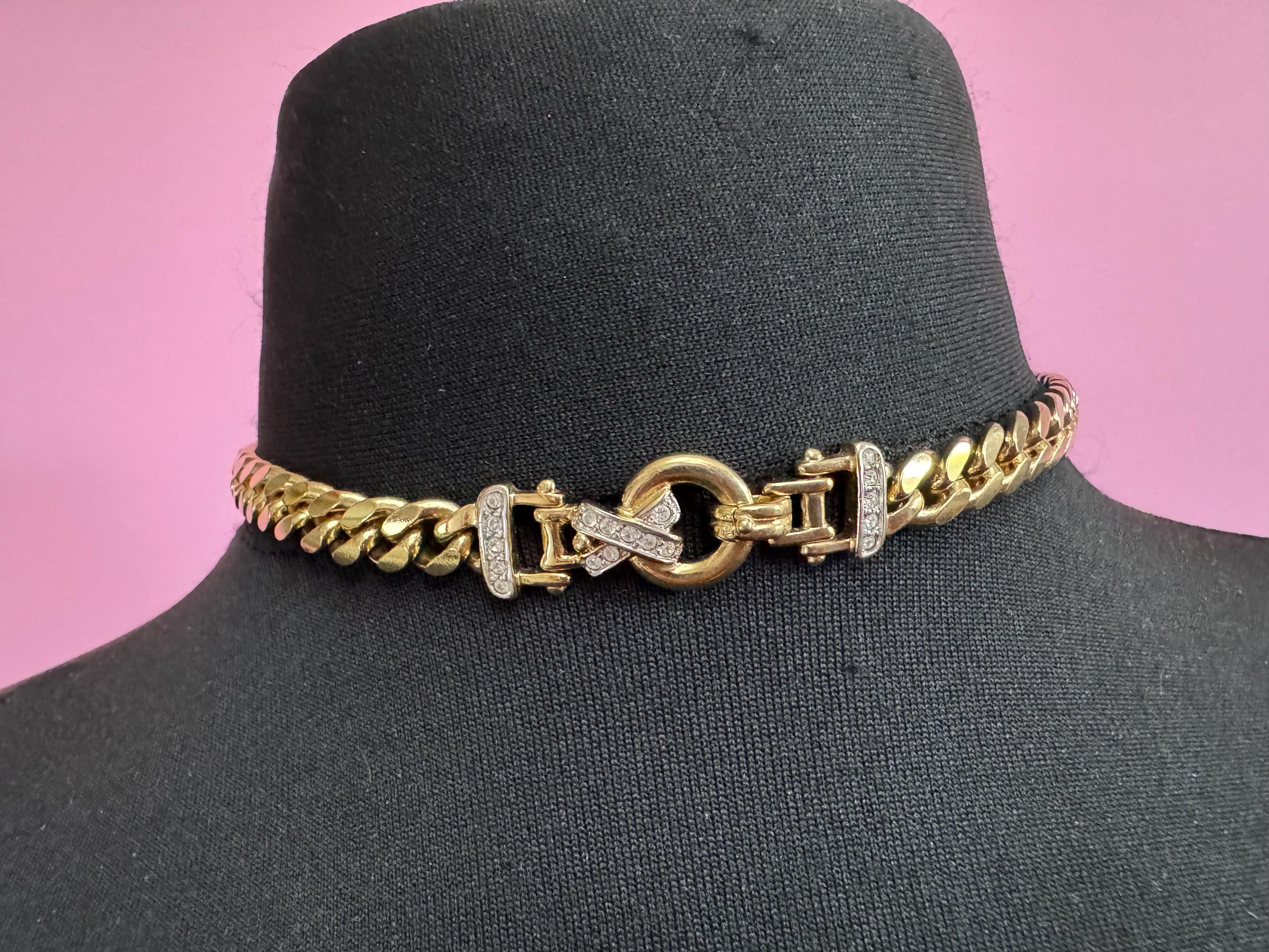 41cm chunky gold tone heavy curb chain choker necklace set with clear crystals
