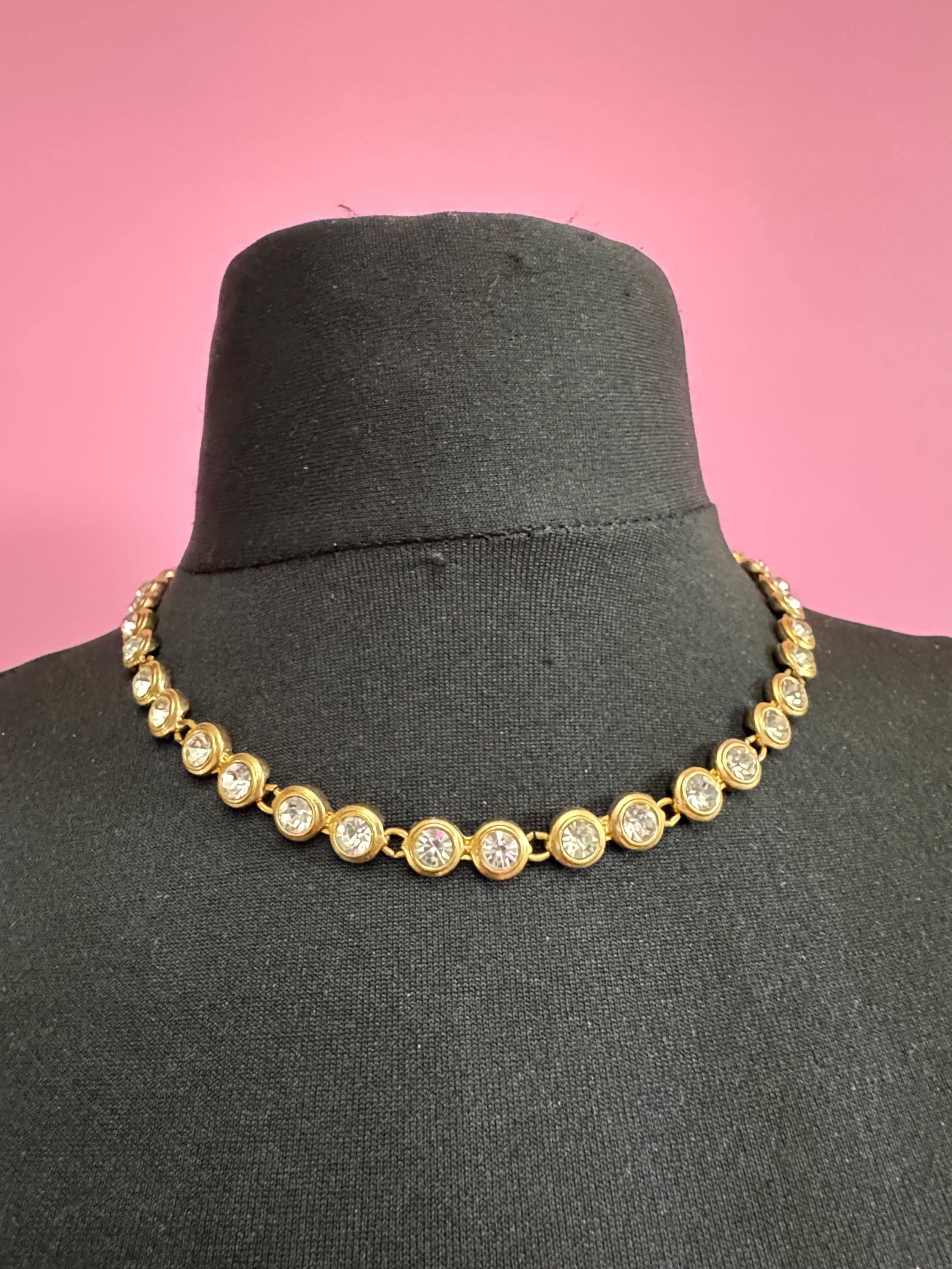 Retro bezel set clear crystal rivière necklace 46cm, gold tone diamanté