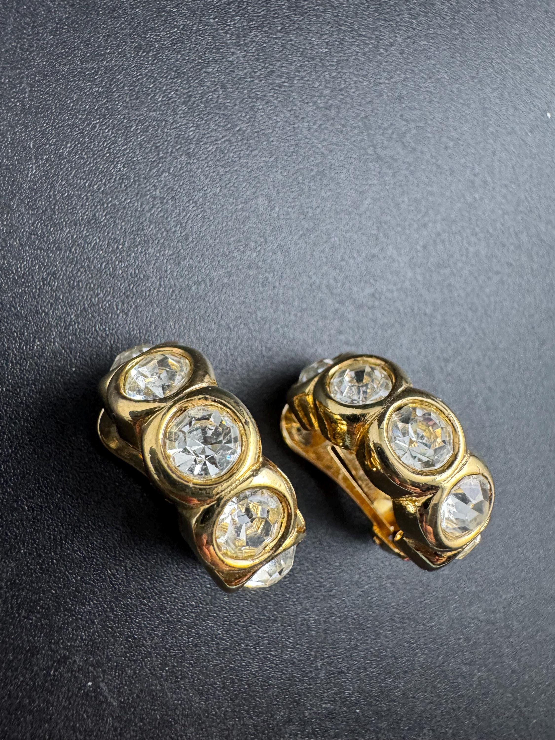 David Grau designer half hoop crystal earrings, pierced gold plated