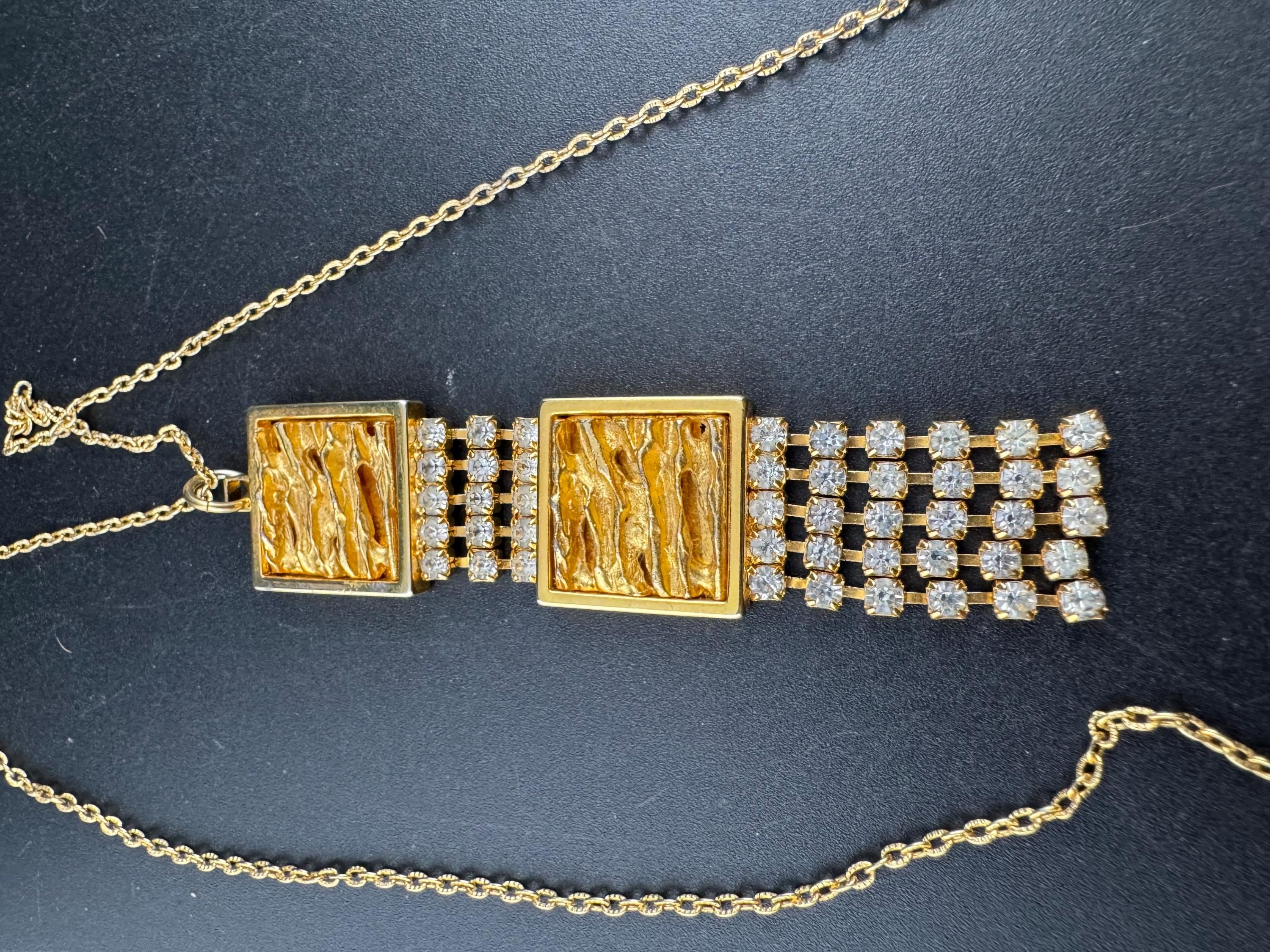 80s gold clear diamanté brutalist pendant chsin necklace 58cm