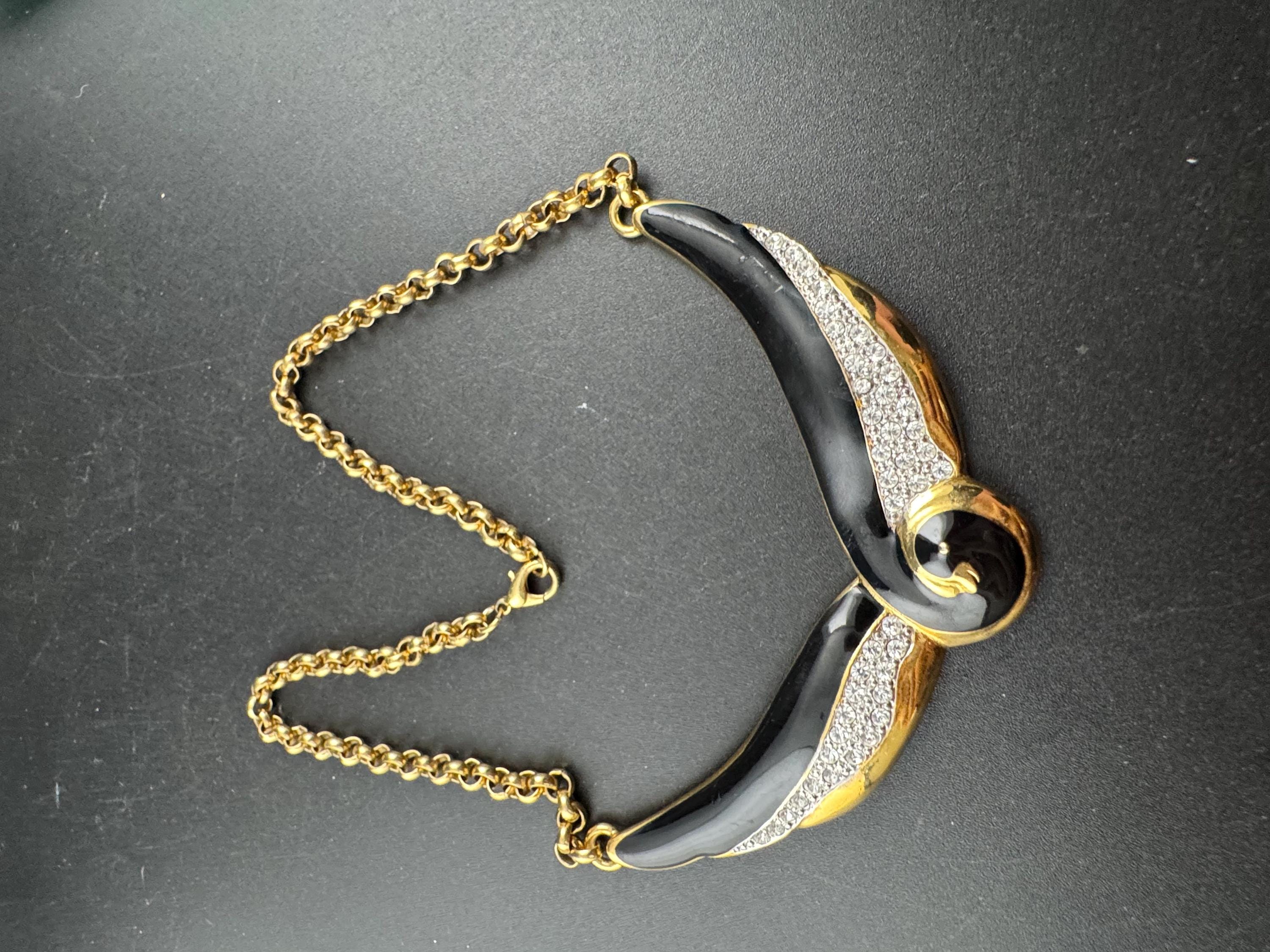 Retro 1980s black enamel diamanté necklace, gold tone chain