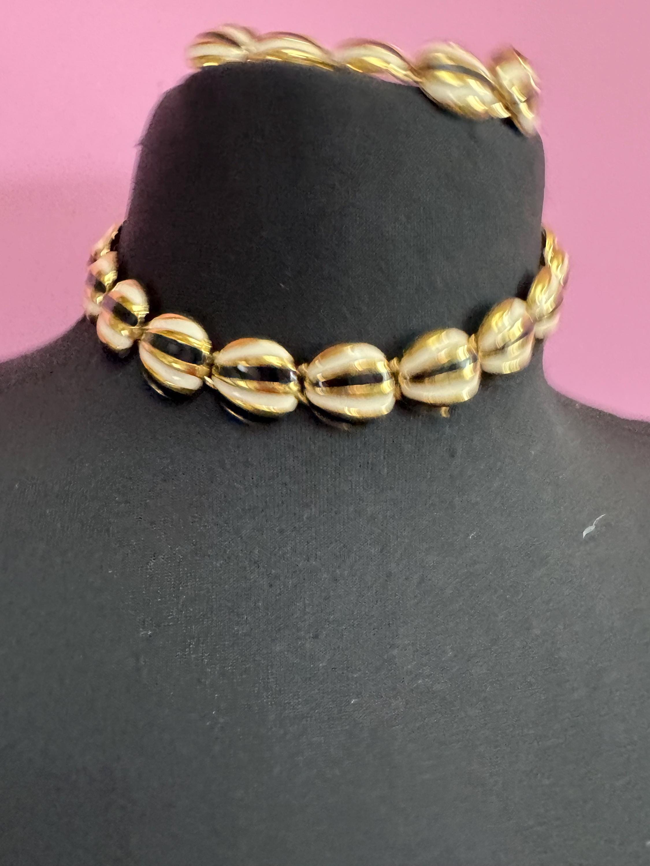 Vintage black and cream enamel panel link necklace and bracelet, jewellery set in gold tone
