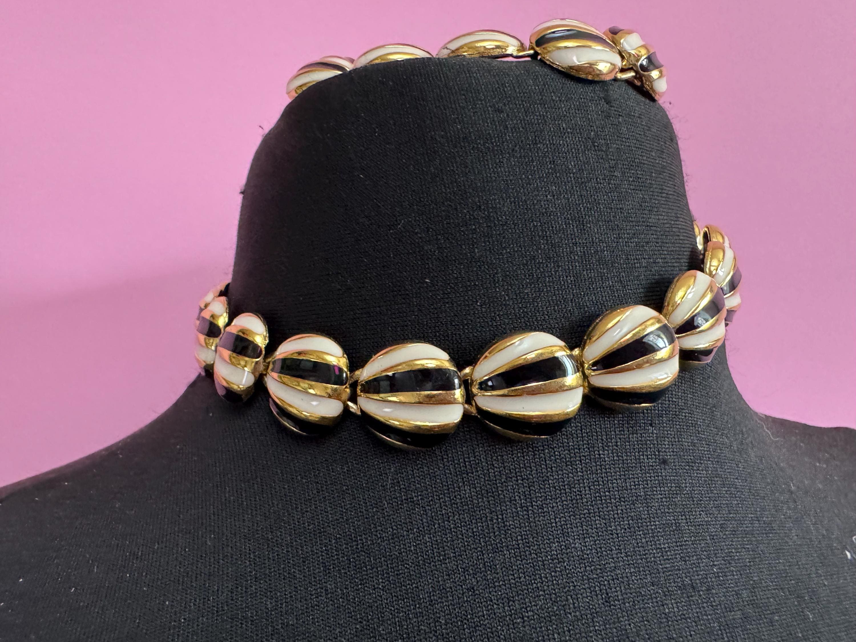 Vintage black and cream enamel panel link necklace and bracelet, jewellery set in gold tone