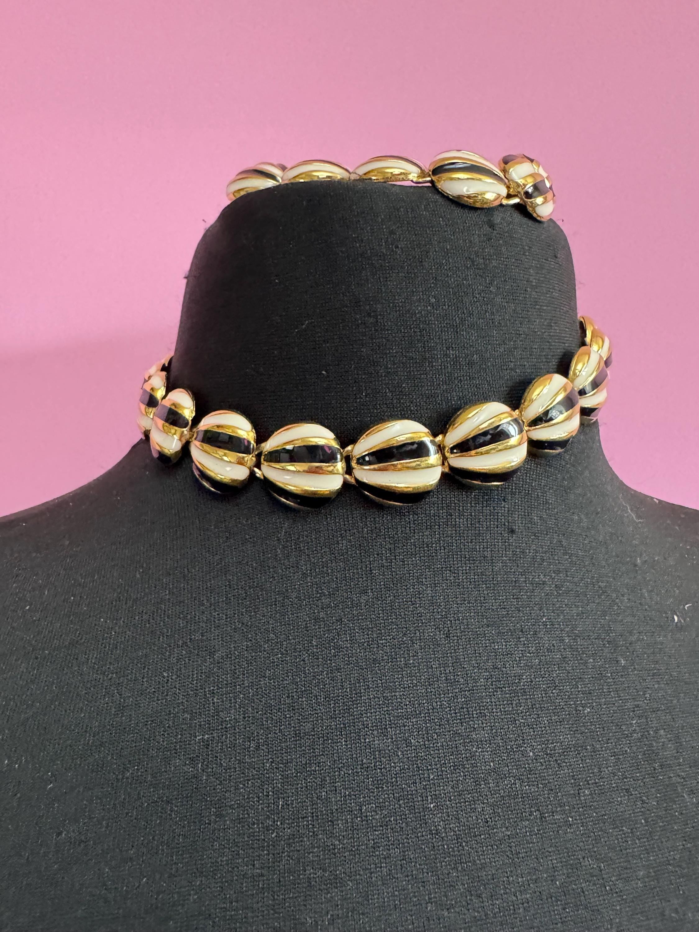 Vintage black and cream enamel panel link necklace and bracelet, jewellery set in gold tone