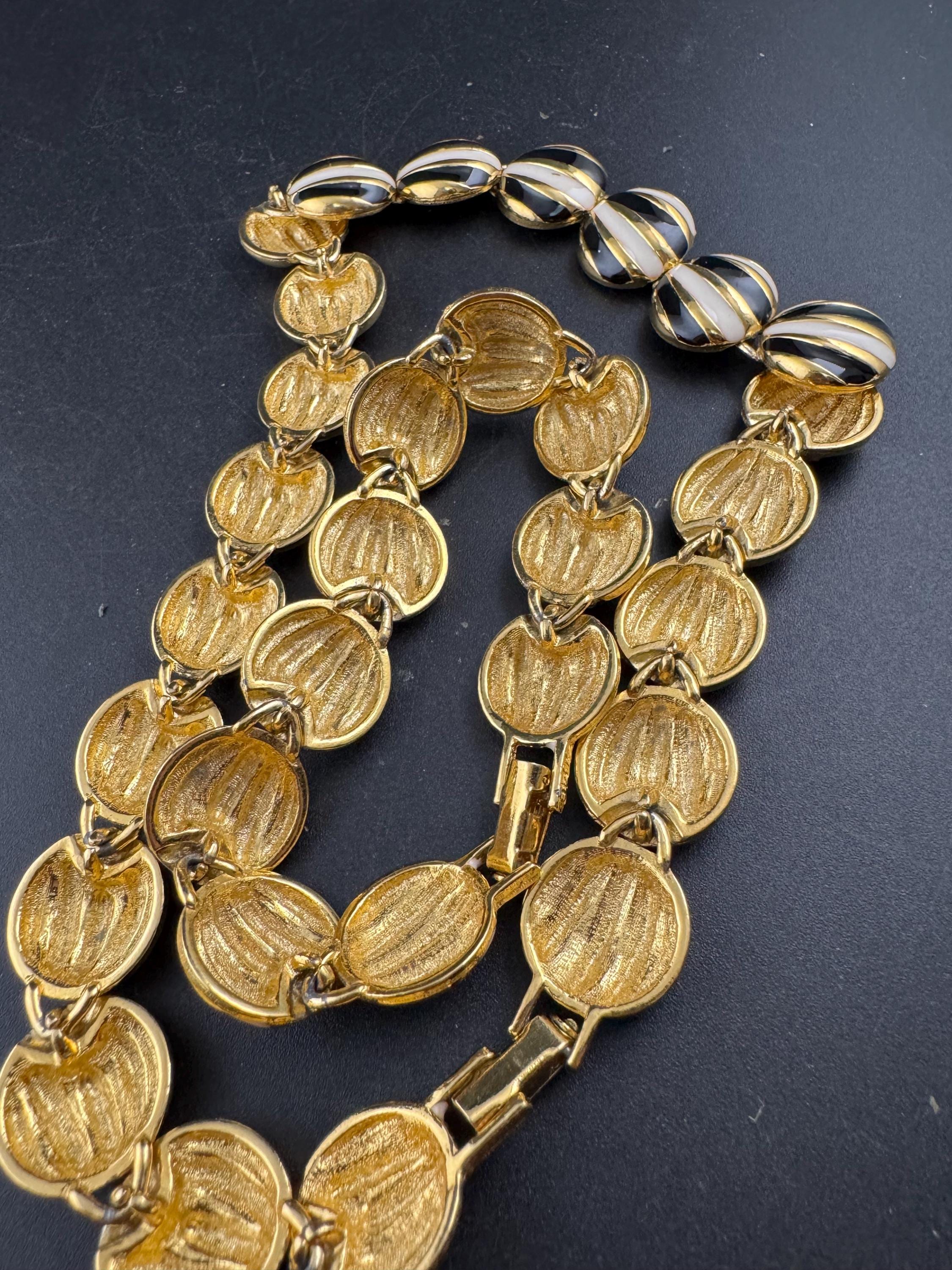 Vintage black and cream enamel panel link necklace and bracelet, jewellery set in gold tone