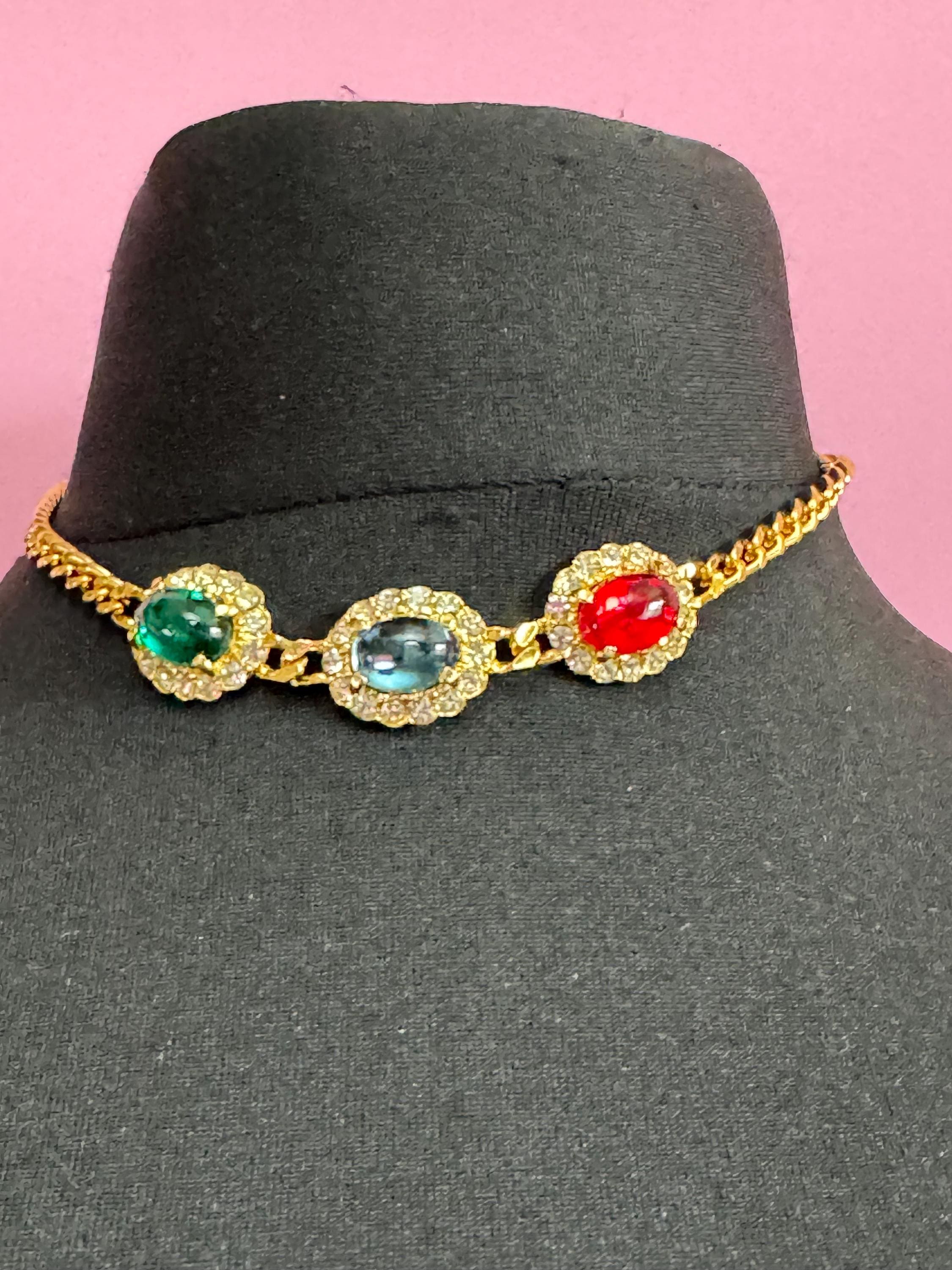 Vintage 1980s Swarovski Choker sapphire earring set, Red, Blue, Green Cabochons & Diamanté