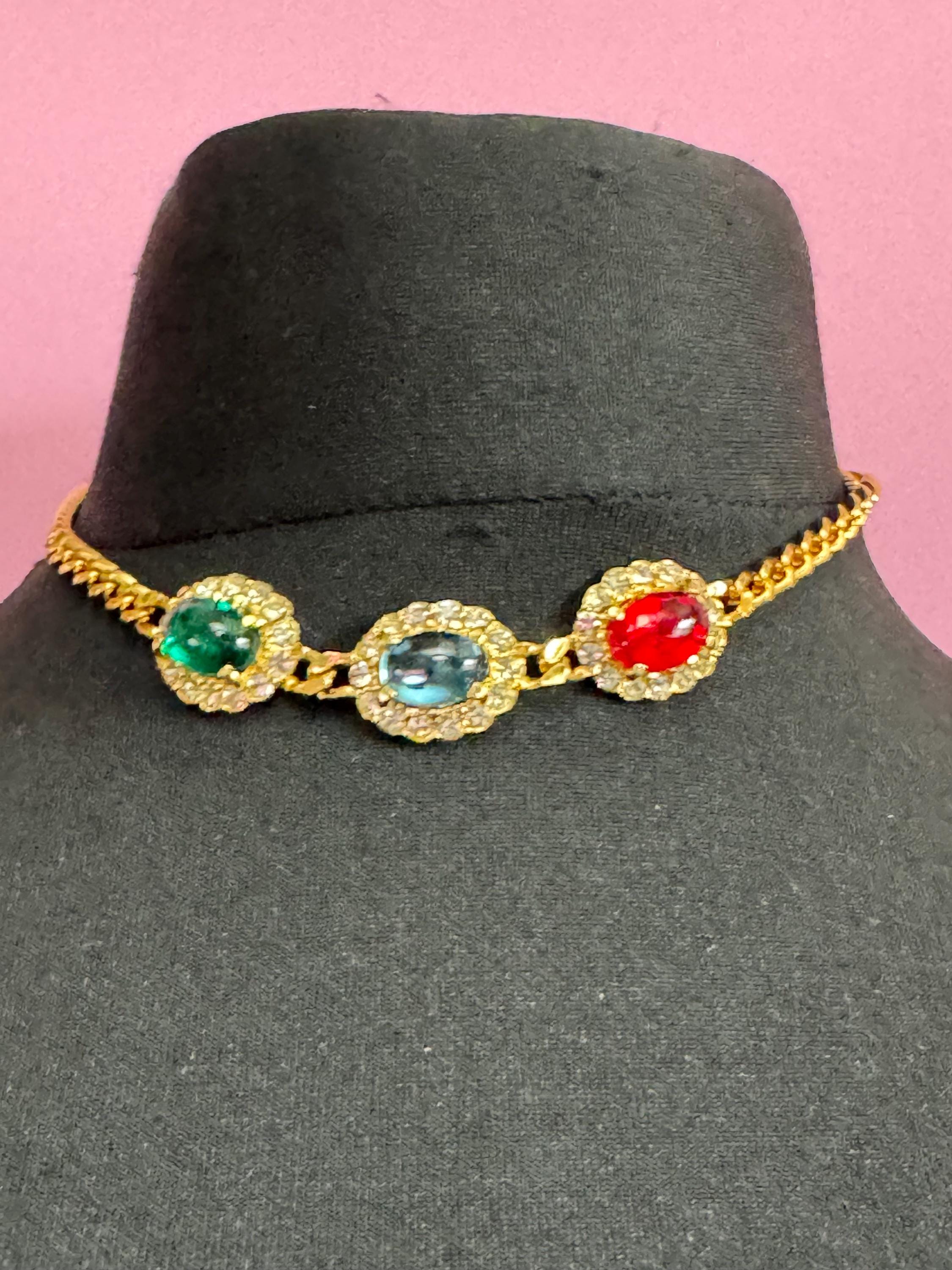 Vintage 1980s Swarovski Choker sapphire earring set, Red, Blue, Green Cabochons & Diamanté