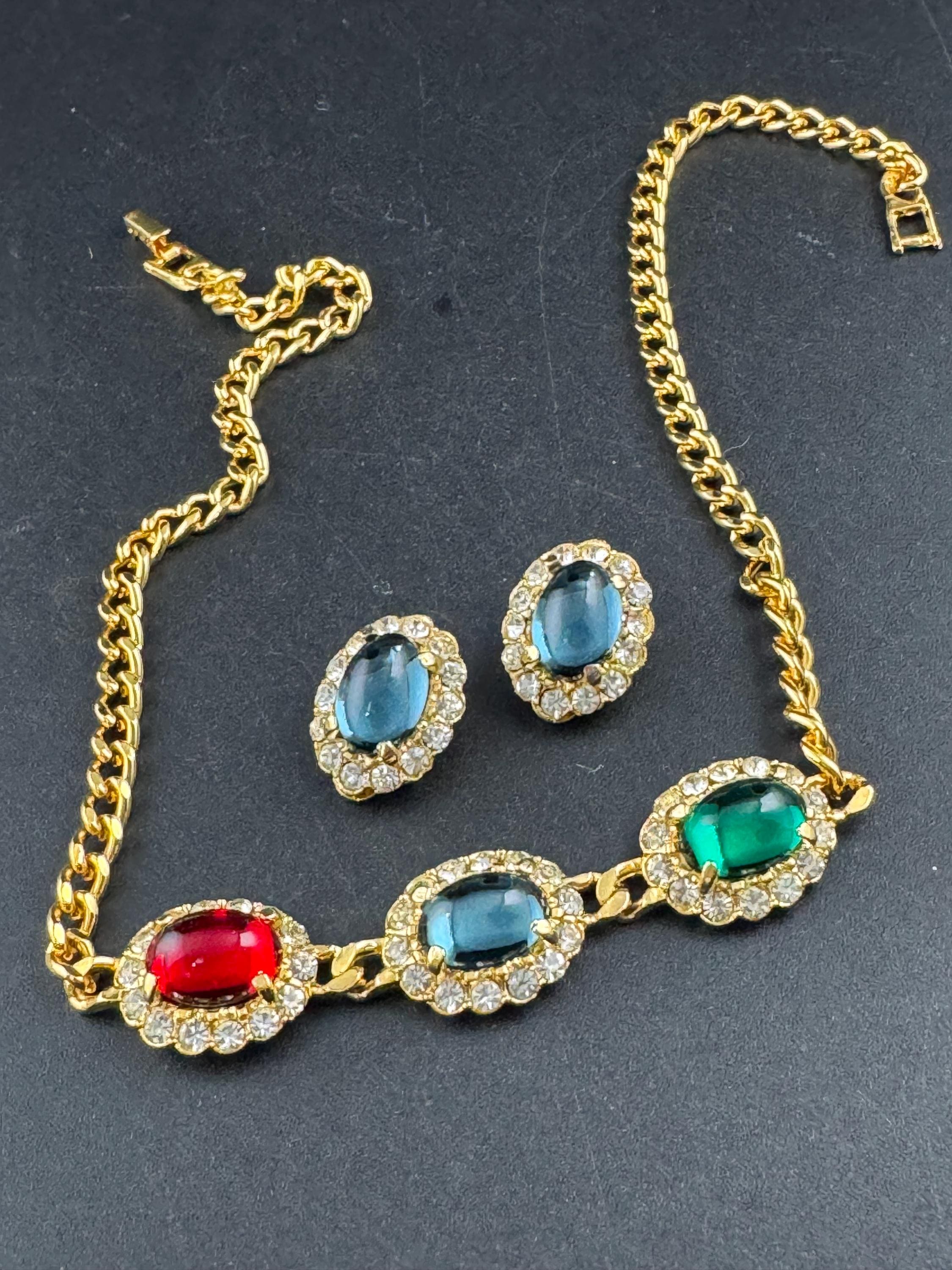 Vintage 1980s Swarovski Choker sapphire earring set, Red, Blue, Green Cabochons & Diamanté