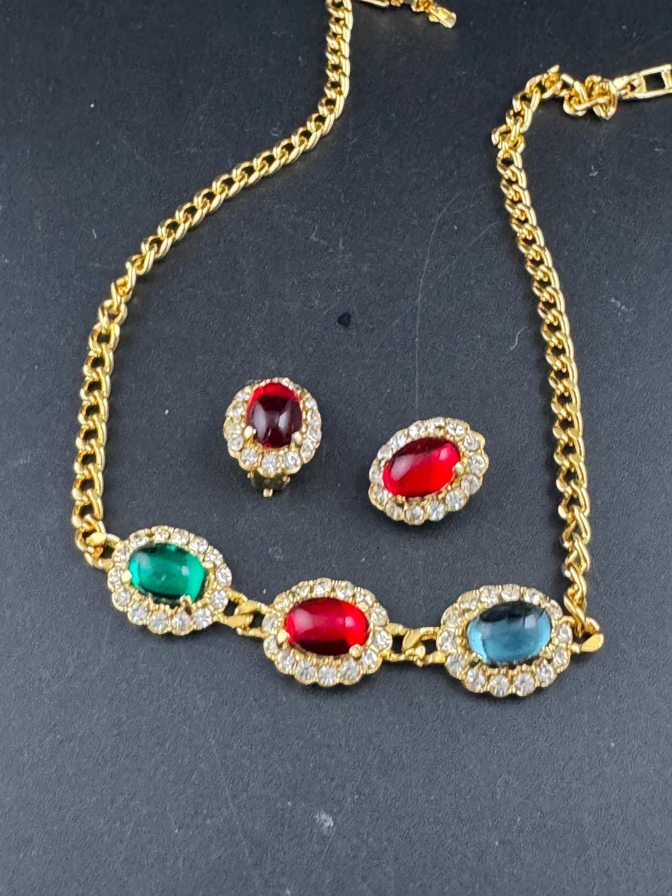 Vintage 1980s Swarovski Choker RUBY earring set, Red, Blue, Green Cabochons & Diamanté