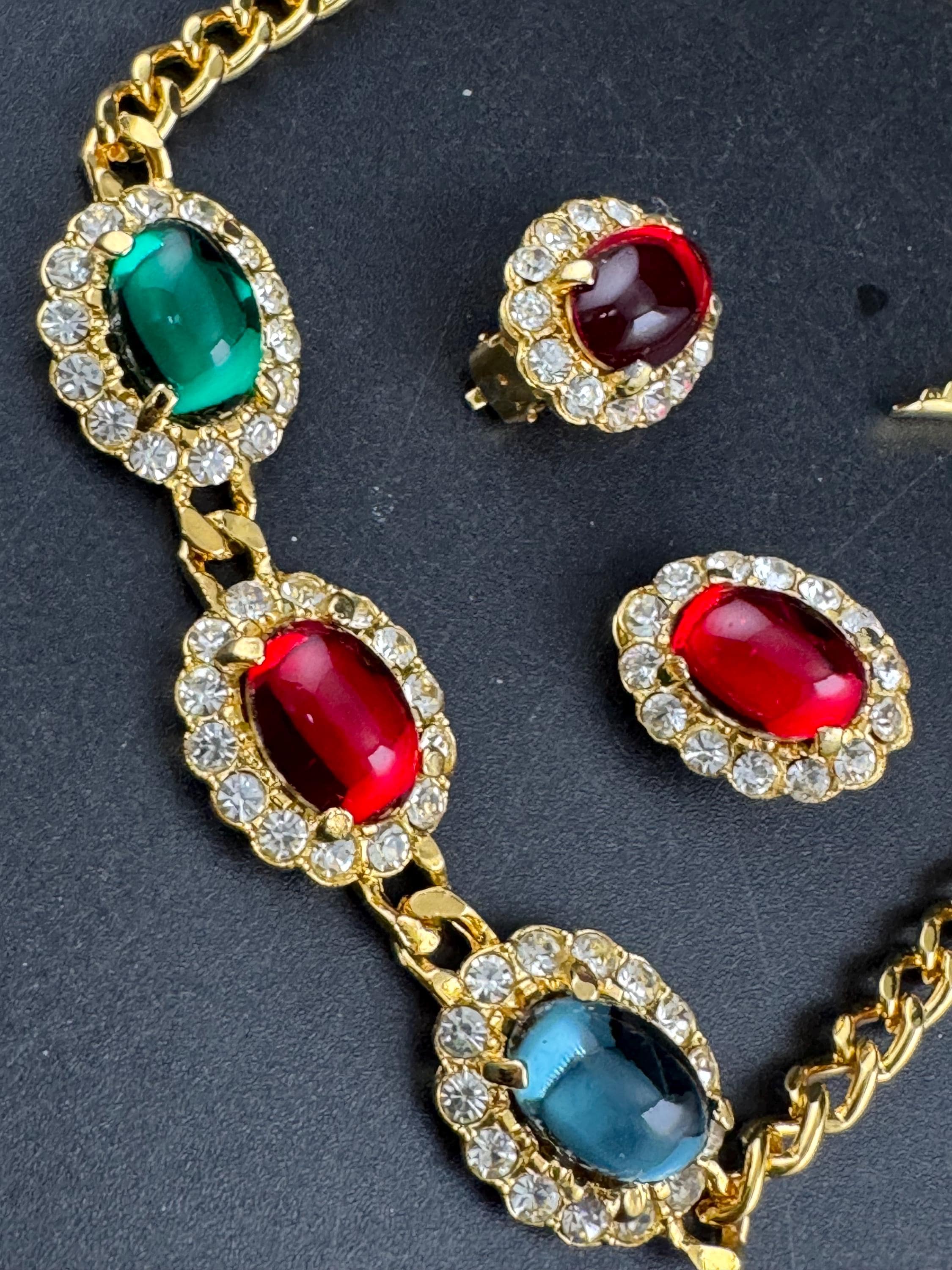 Vintage 1980s Swarovski Choker RUBY earring set, Red, Blue, Green Cabochons & Diamanté